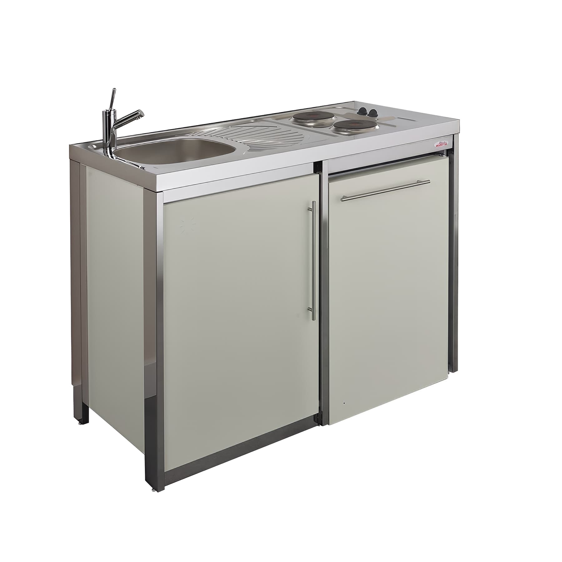 Meuble sous évier métal MODERNA METALLINE pieds inox couleur GRIS SOIE 1 porte 1 niche frigo 120x60 hauteur 87cm