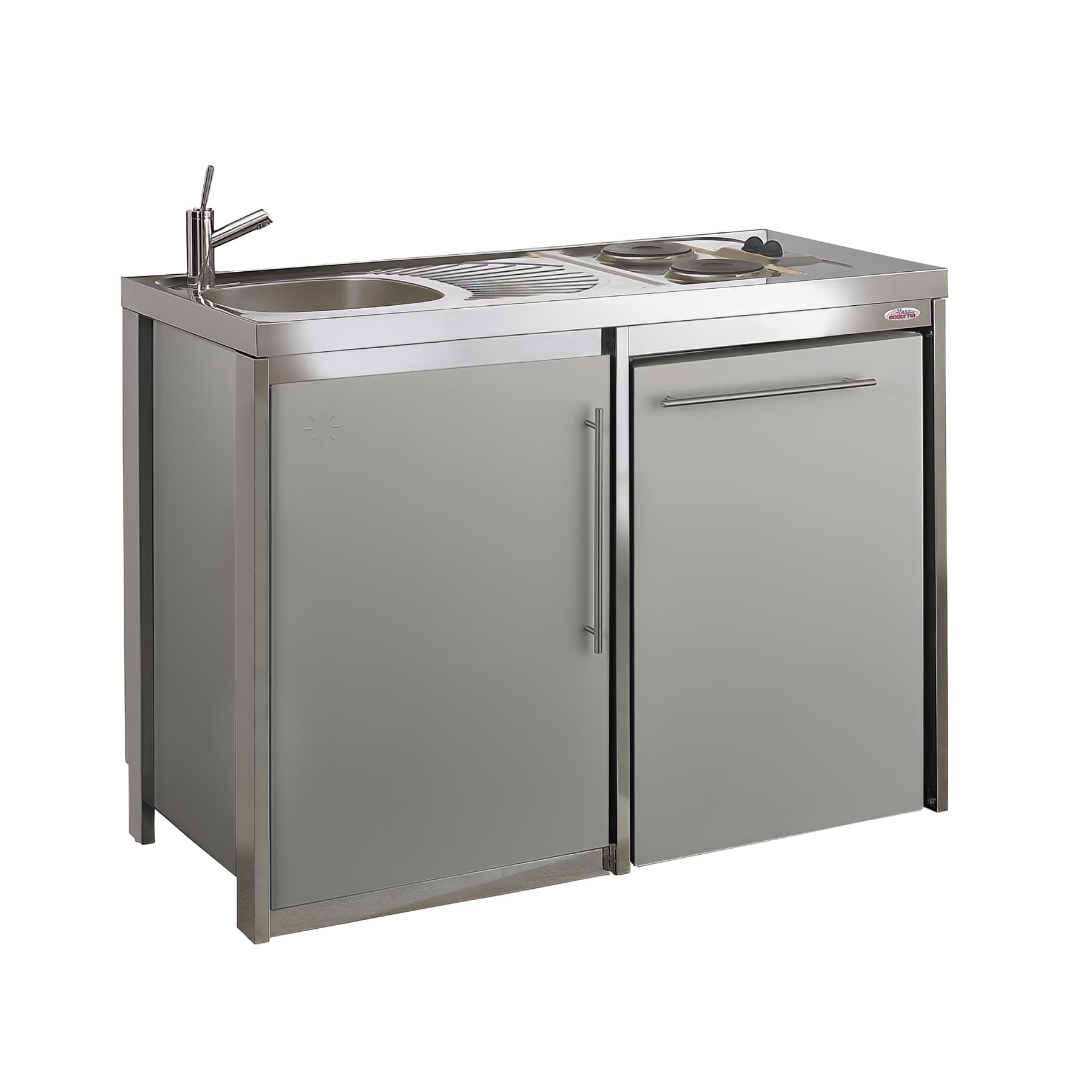 Meuble sous évier métal MODERNA METALLINE pieds inox couleur GRIS ALU 1 porte 1 niche frigo 120x60 hauteur 87cm