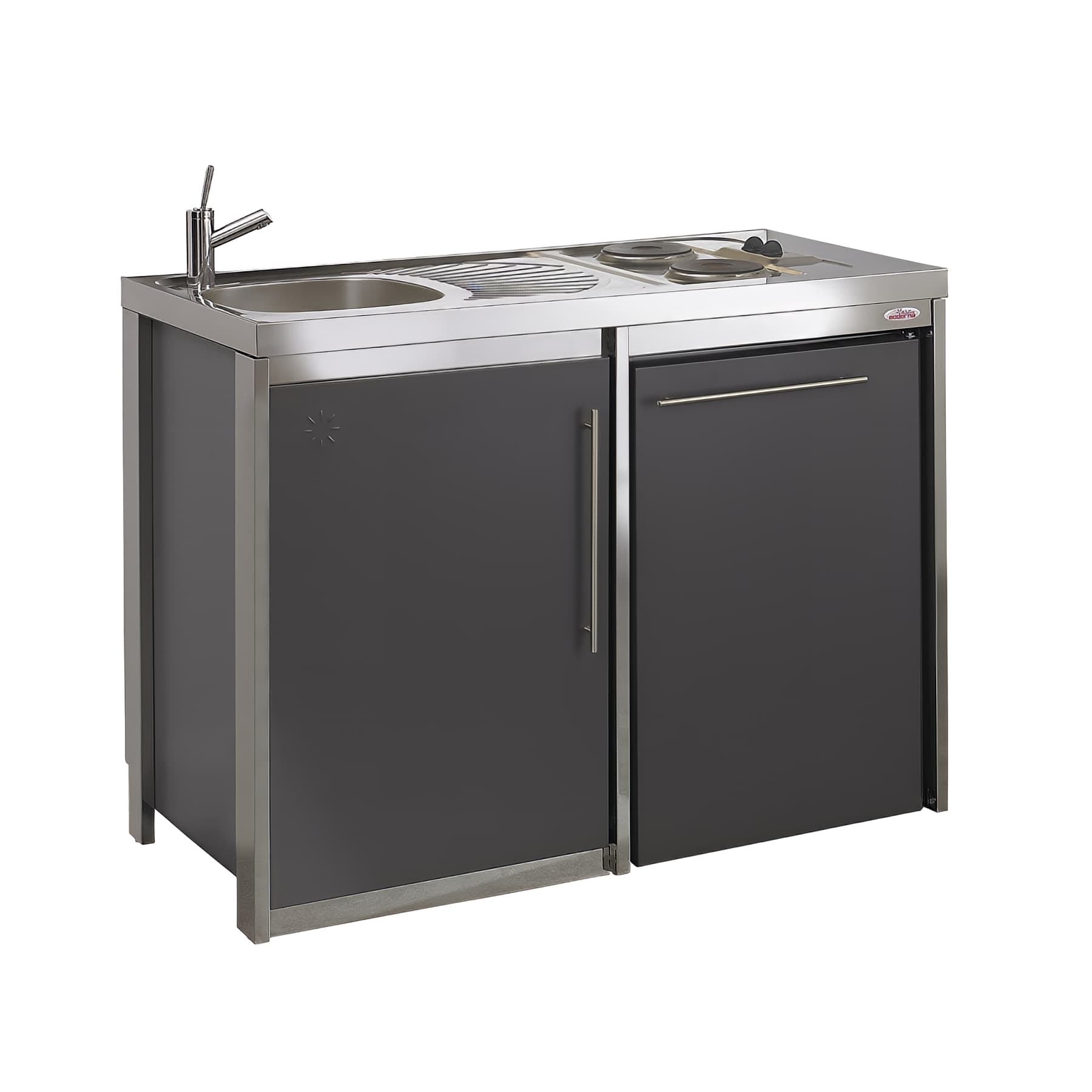 Meuble sous évier métal MODERNA METALLINE pieds inox couleur ANTHRACITE 1 porte 1 niche frigo 120x60 hauteur 87cm