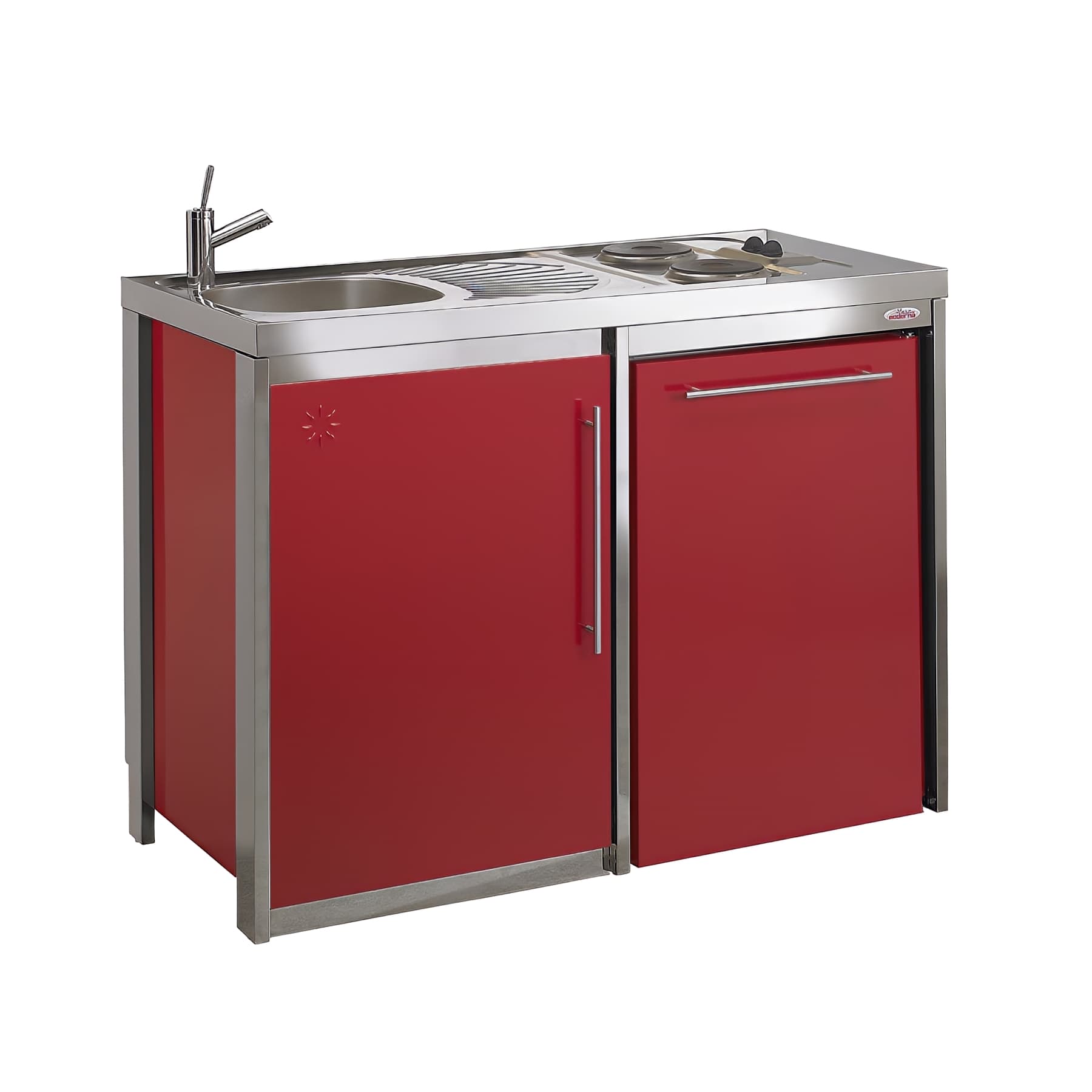 Meuble sous évier métal MODERNA METALLINE pieds inox couleur CARMIN 1 porte 1 niche frigo 120x60 hauteur 87cm