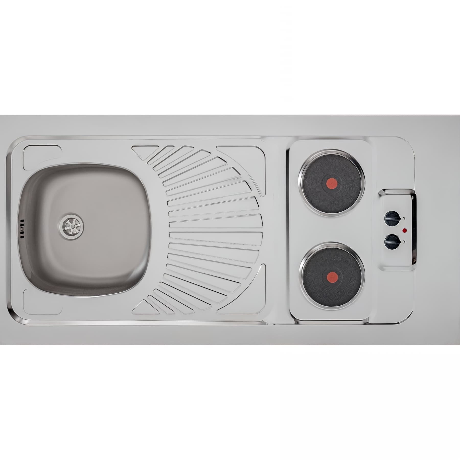 Evier à poser réversible inox lisse MODERNA CPAE 120X60 épaisseur 50mm 1 bac 1 égouttoir 2 plaques de cuisson de 1500W livré avec son vidage complet