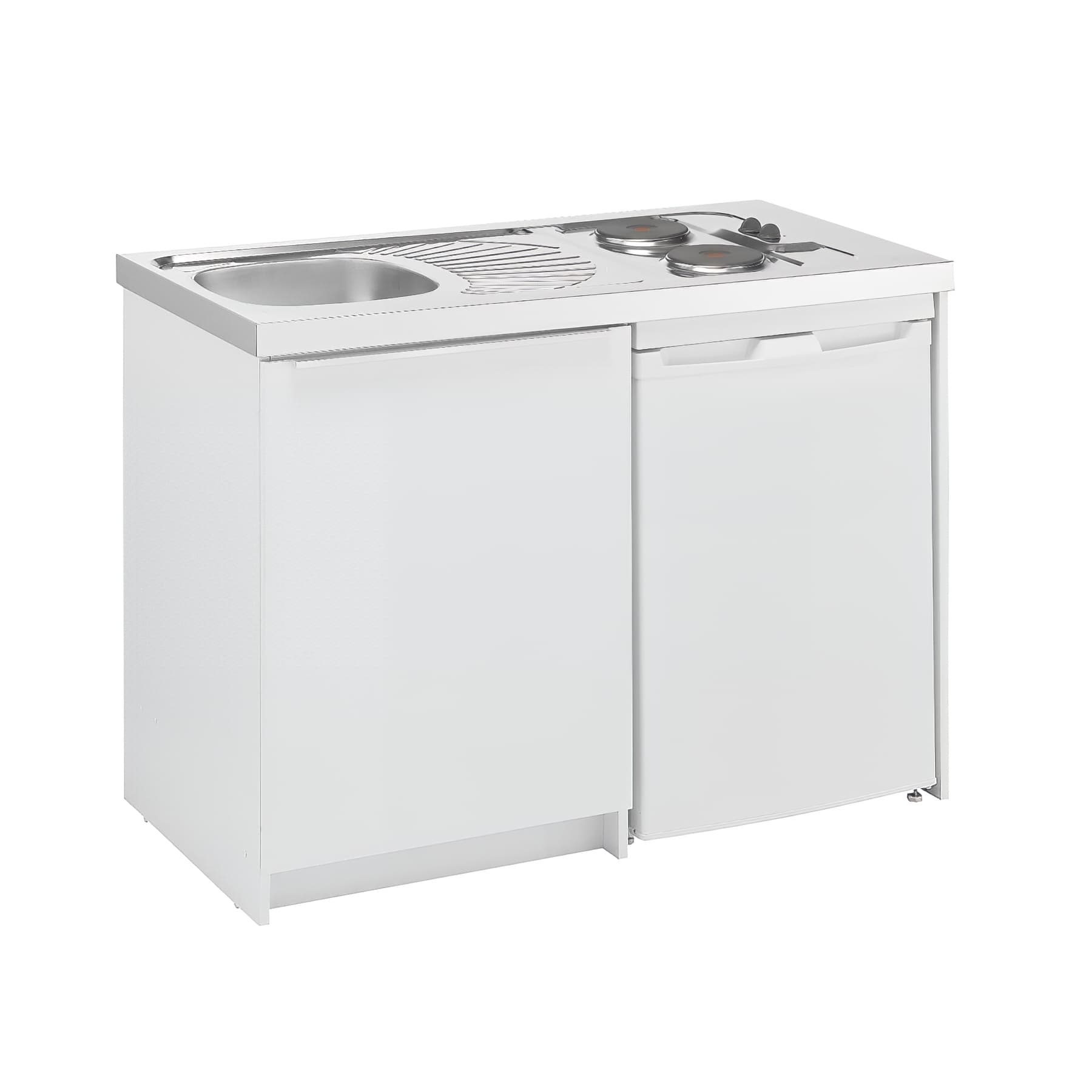 Cuisinette complète BORÉALE 120x60 hauteur 91cm livrée avec meuble, évier inox et son vidage, vidage 2 plaques de cuisson 1 frigo 121L 4 étoiles
