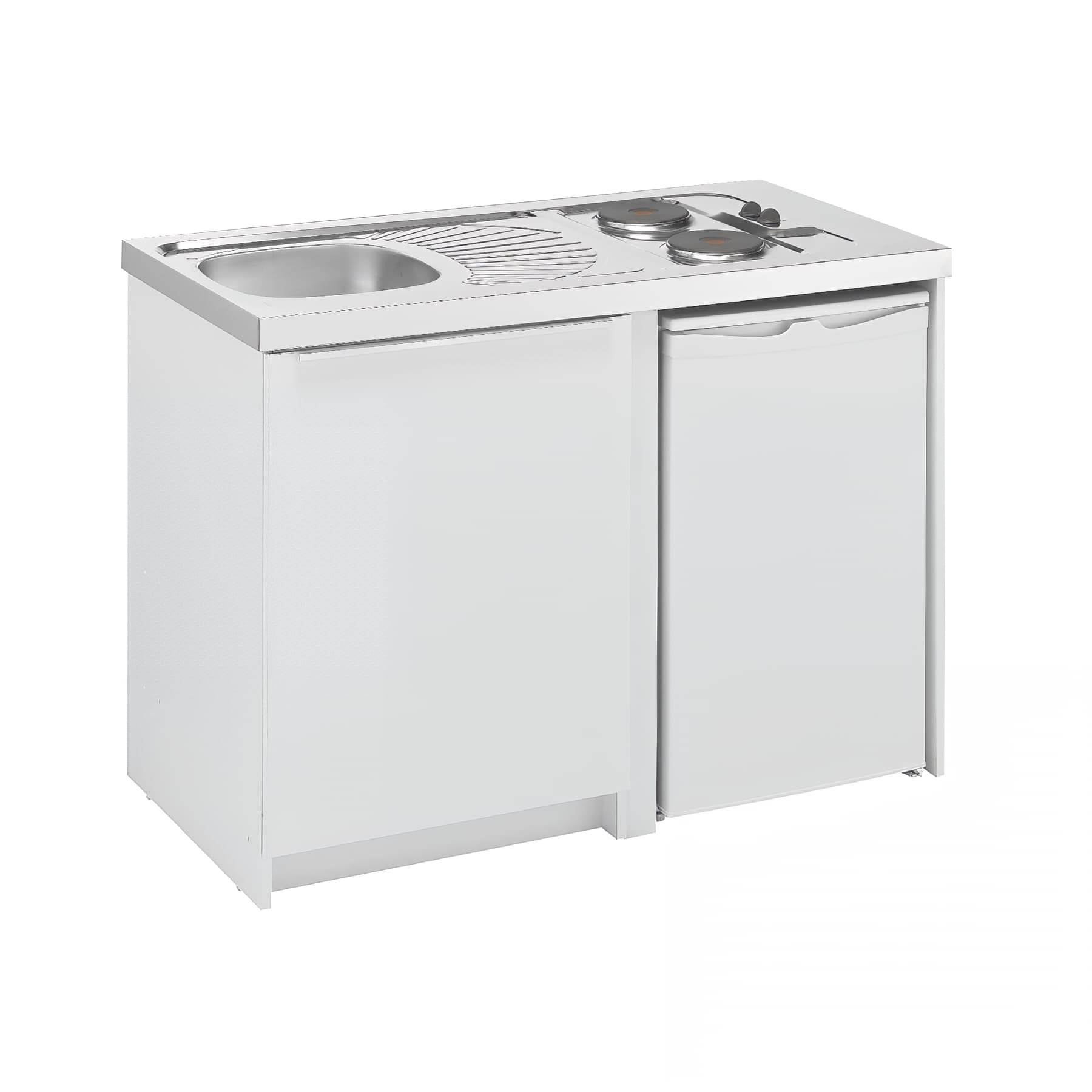 Cuisinette complète CADETTE 120x60 hauteur 91cm livrée avec meuble, évier inox et son vidage, vidage 2 plaques de cuisson 1 frigo 82L 4 étoiles