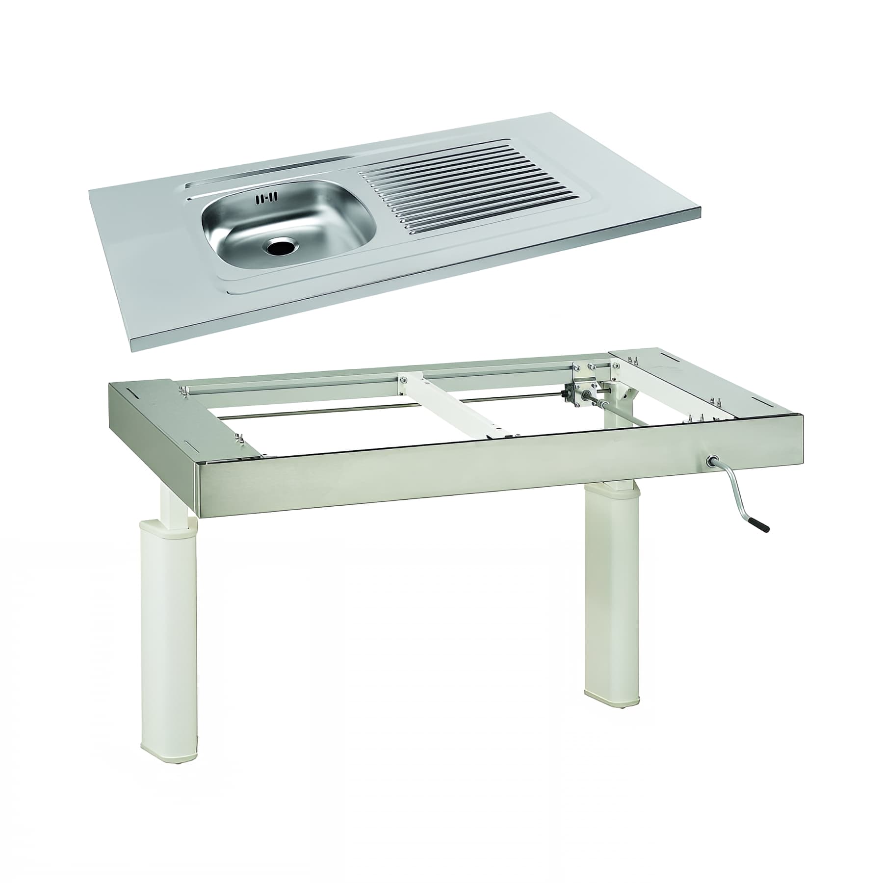 Évier norme handicapé PMR 120x60 sur console à hauteur réglable livré avec évier inox cuve à gauche égouttoir à droite vidage inclus