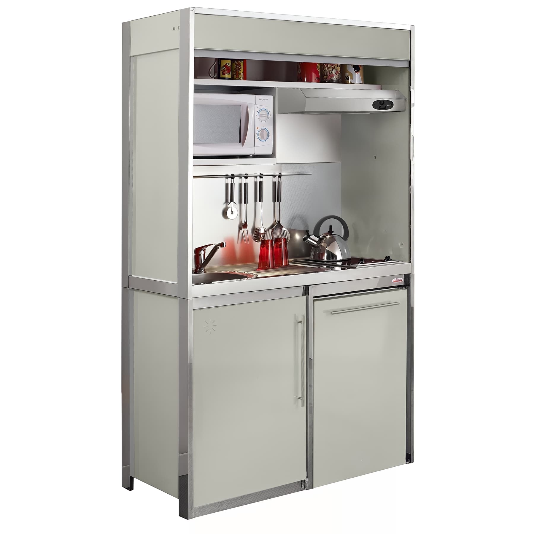 Cuisine compacte MODERNA COMBILOC DECO en métal couleur GRIS SOIE 120x60 hauteur 202m évier mitigeur et électroménager inclus