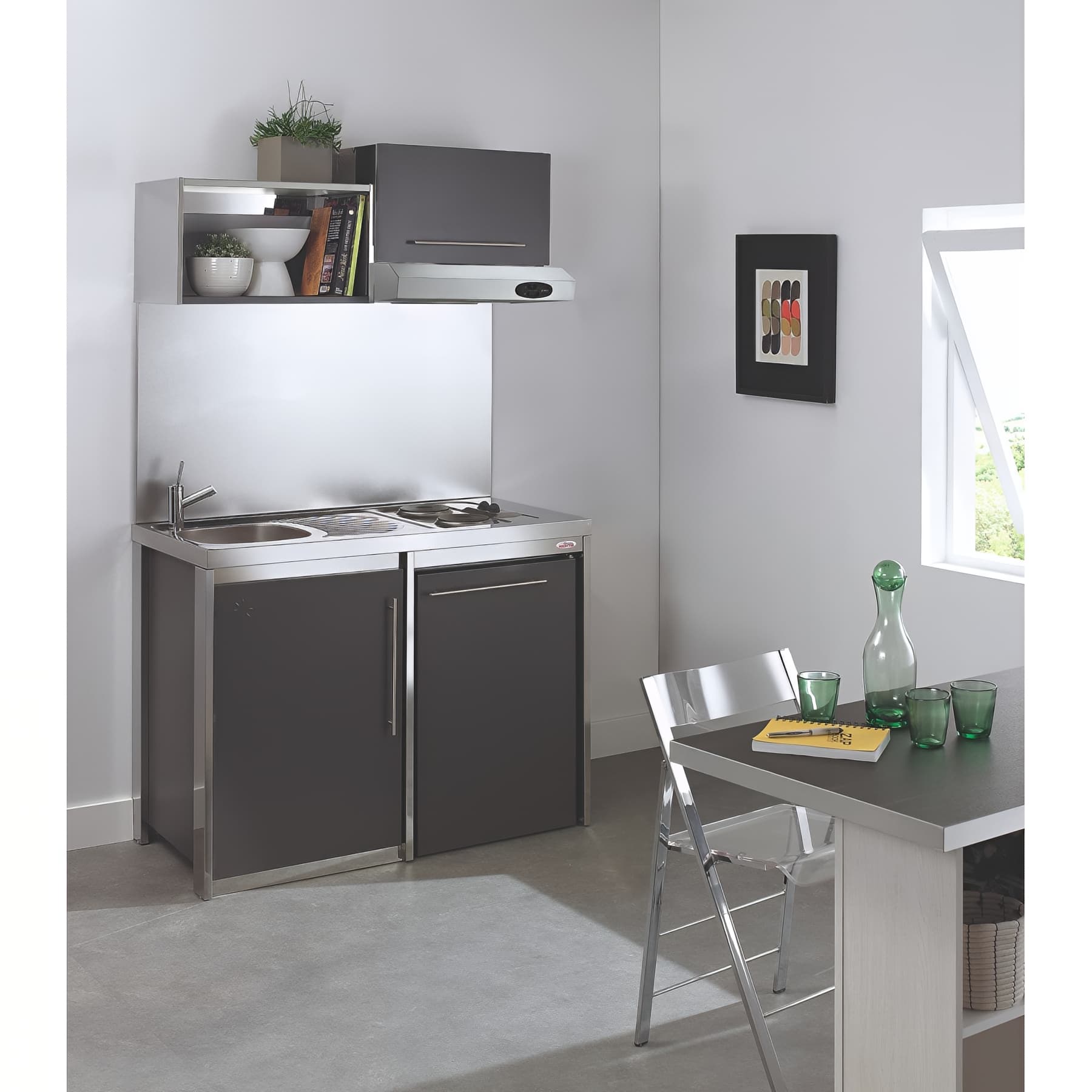 Meuble de cuisine en métal haut sur hotte MODERNA METALLINE 1 porte ouverture vers le haut métal thermolaqué ANTHRACITE 60x35 hauteur 35cm