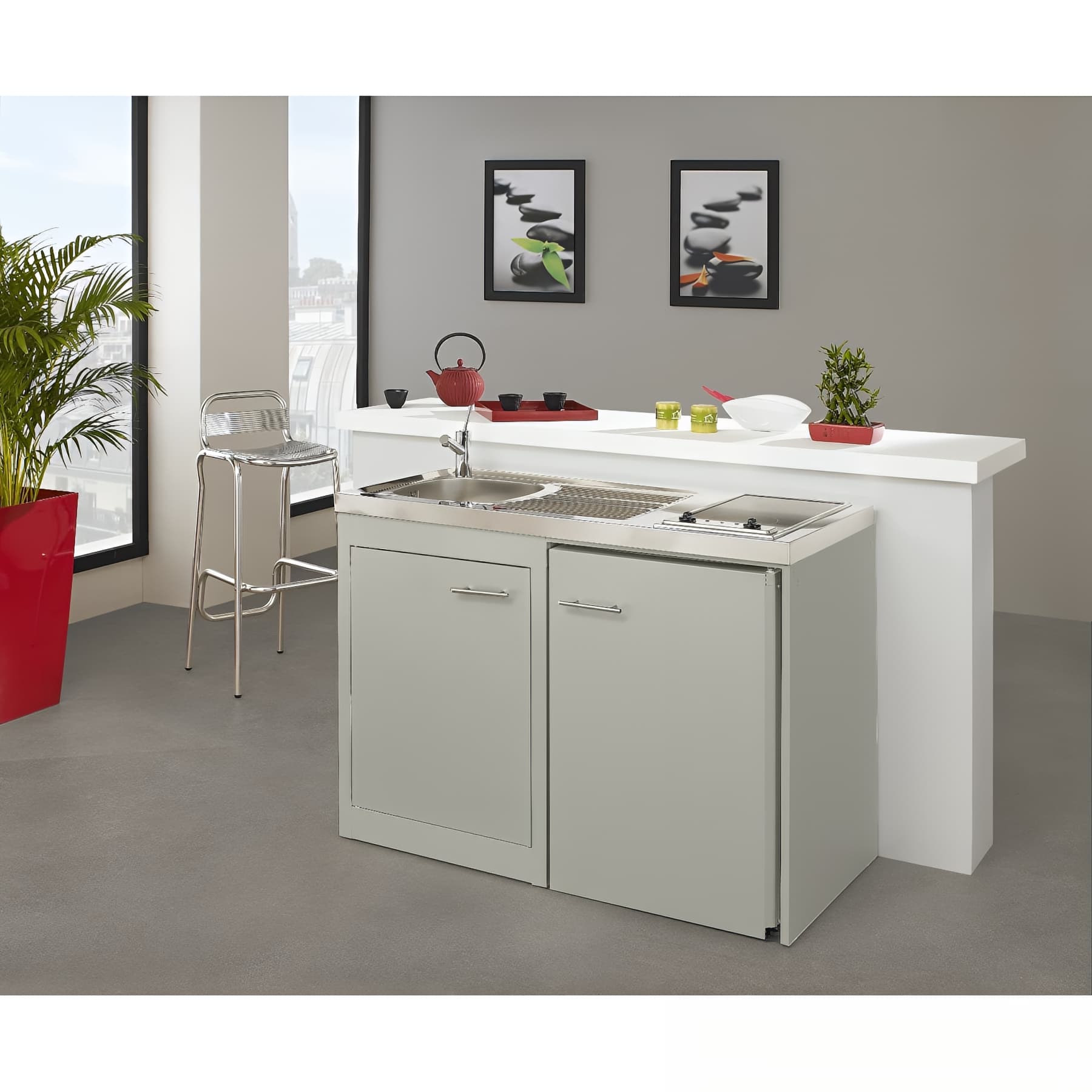 Meuble sous évier 120x60 métallique MODERNA CLIPMETAL couleur GRIS SOIE pour évier à poser 120x60 niche pour frigo