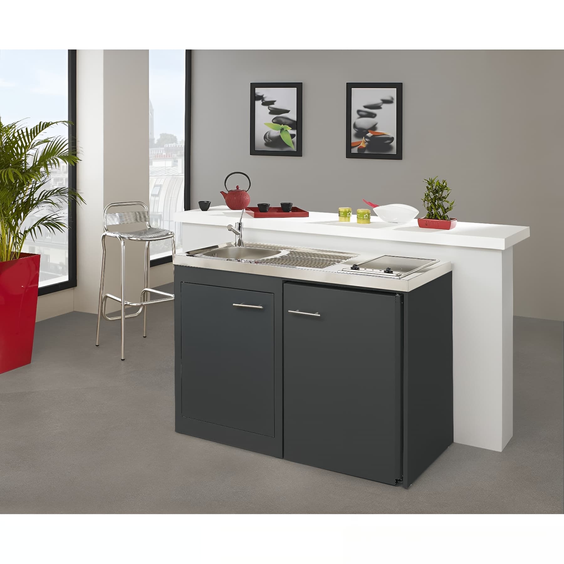 Meuble sous évier 120x60 métallique MODERNA CLIPMETAL couleur ANTHRACITE pour évier à poser 120x60 niche pour frigo