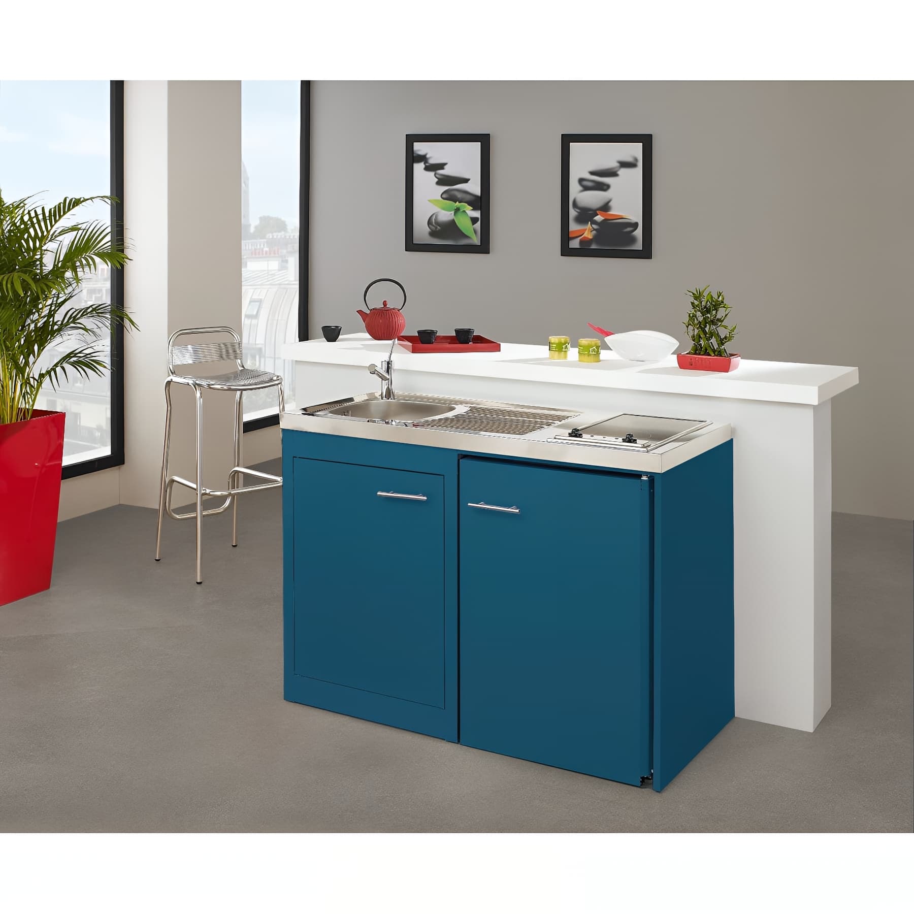 Meuble sous évier 120x60 métallique MODERNA CLIPMETAL couleur BLEU pour évier à poser 120x60 niche pour frigo
