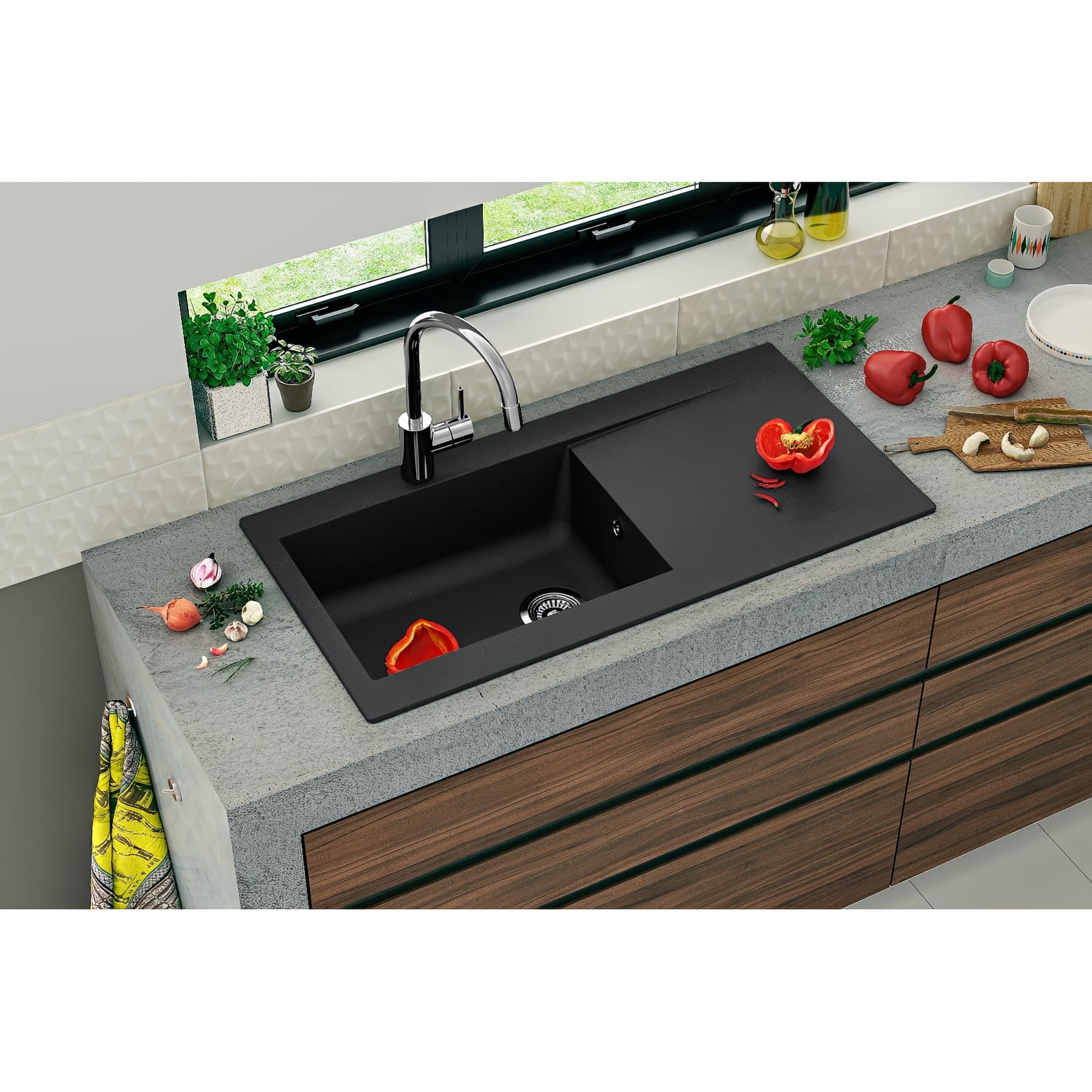 Evier à encastrer réversible en résine composite fibrée MODERNA EINNA 100x50 hauteur 19,8cm noir uni teinté dans la masse 1 grande cuve 1 égouttoir