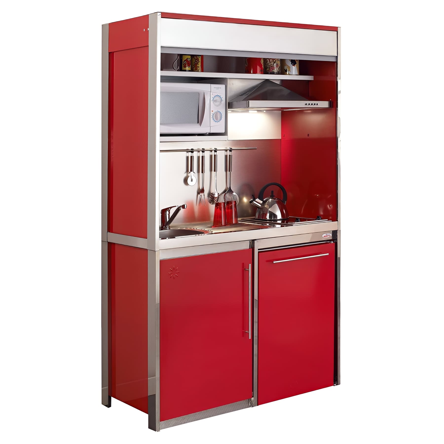 Cuisine compacte MODERNA COMBILOC DECO en métal couleur CARMIN 120x60 hauteur 202m évier mitigeur et électroménager inclus