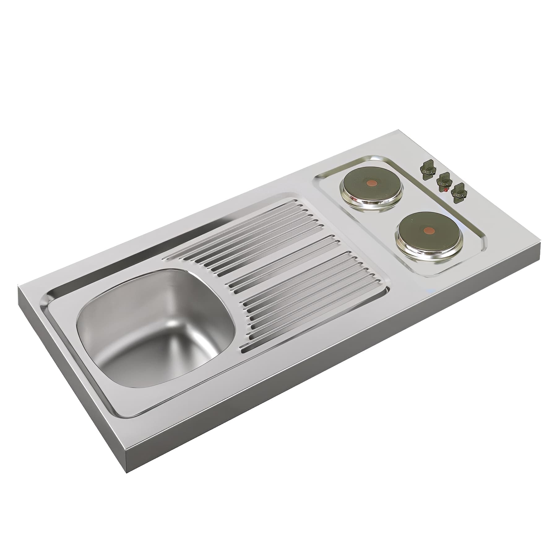 Evier à poser réversible inox lisse MODERNA CPAE 120X60 épaisseur 50mm 1 bac 1 égouttoir 2 plaques de cuisson de 1500W timer livré avec son vidage