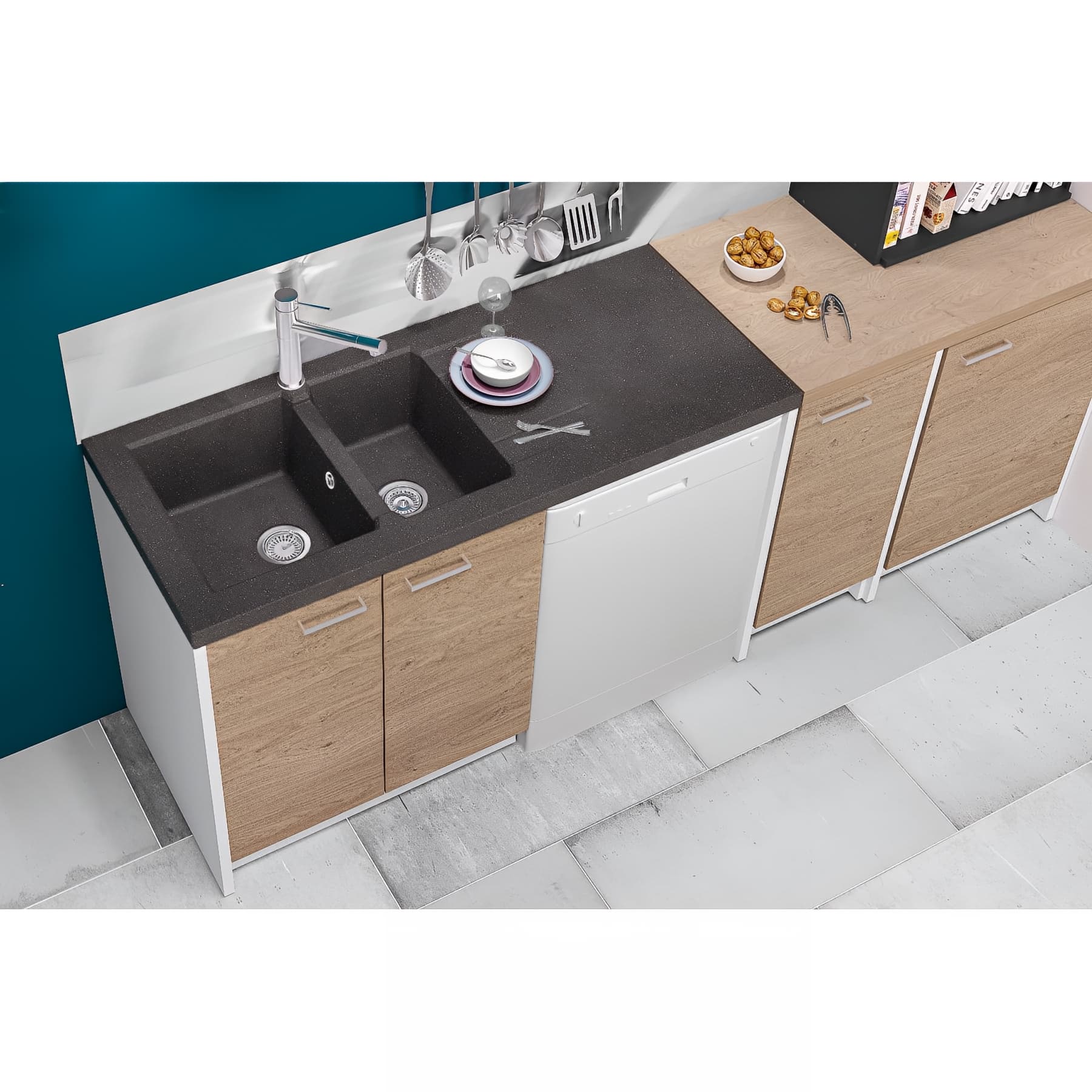 Evier à poser réversible en résine composite fibrée MODERNA ONTARIO noir pailleté teinté dans la masse 2 bacs 1 égouttoir 140x60 épaisseur 38mm