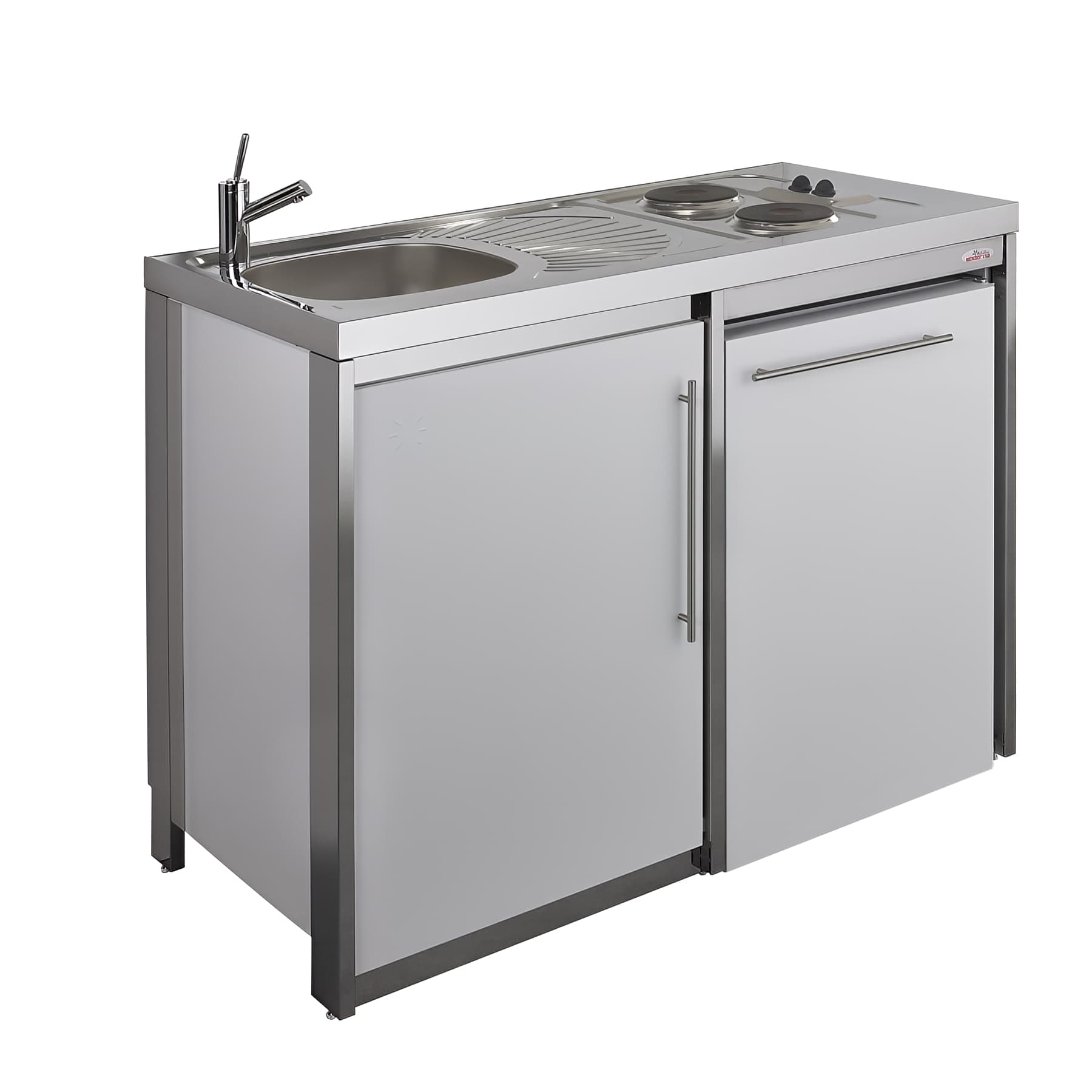 Cuisinette complète MODERNA METALLINE 120x60 hauteur 92cm GLACIER avec évier inox 2 plaques de cuisson 1 frigo 82L