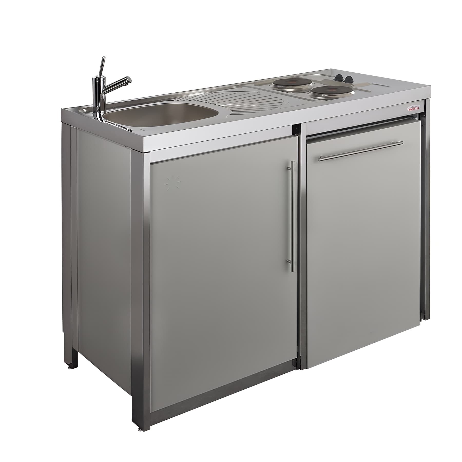 Cuisinette complète MODERNA METALLINE 120x60 hauteur 92cm GRIS ALU avec évier inox 2 plaques de cuisson 1 frigo 82L
