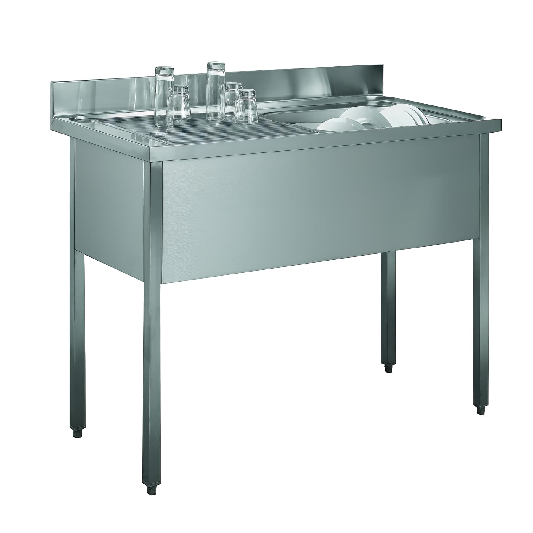 Evier plonge inox lisse sur pieds MODERNA 120x60 hauteur 90cm 1 bac à droite 1 égouttoir à gauche livré avec son vidage complet