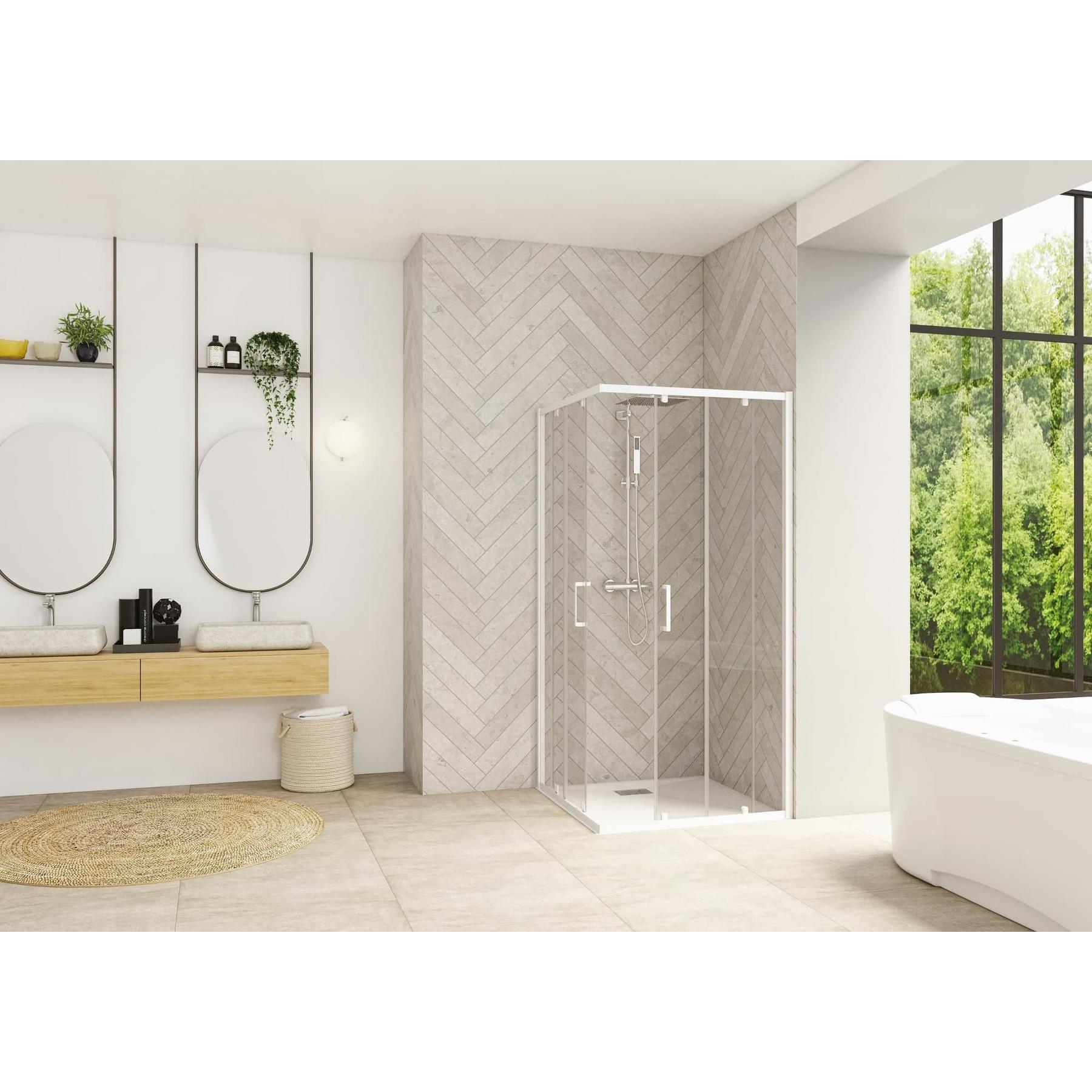 Porte de douche coulissante d'angle côté gauche (à coupler avec côté droit) SMART Design largeur 90 cm hauteur 2.05m profilé blanc verre transparent