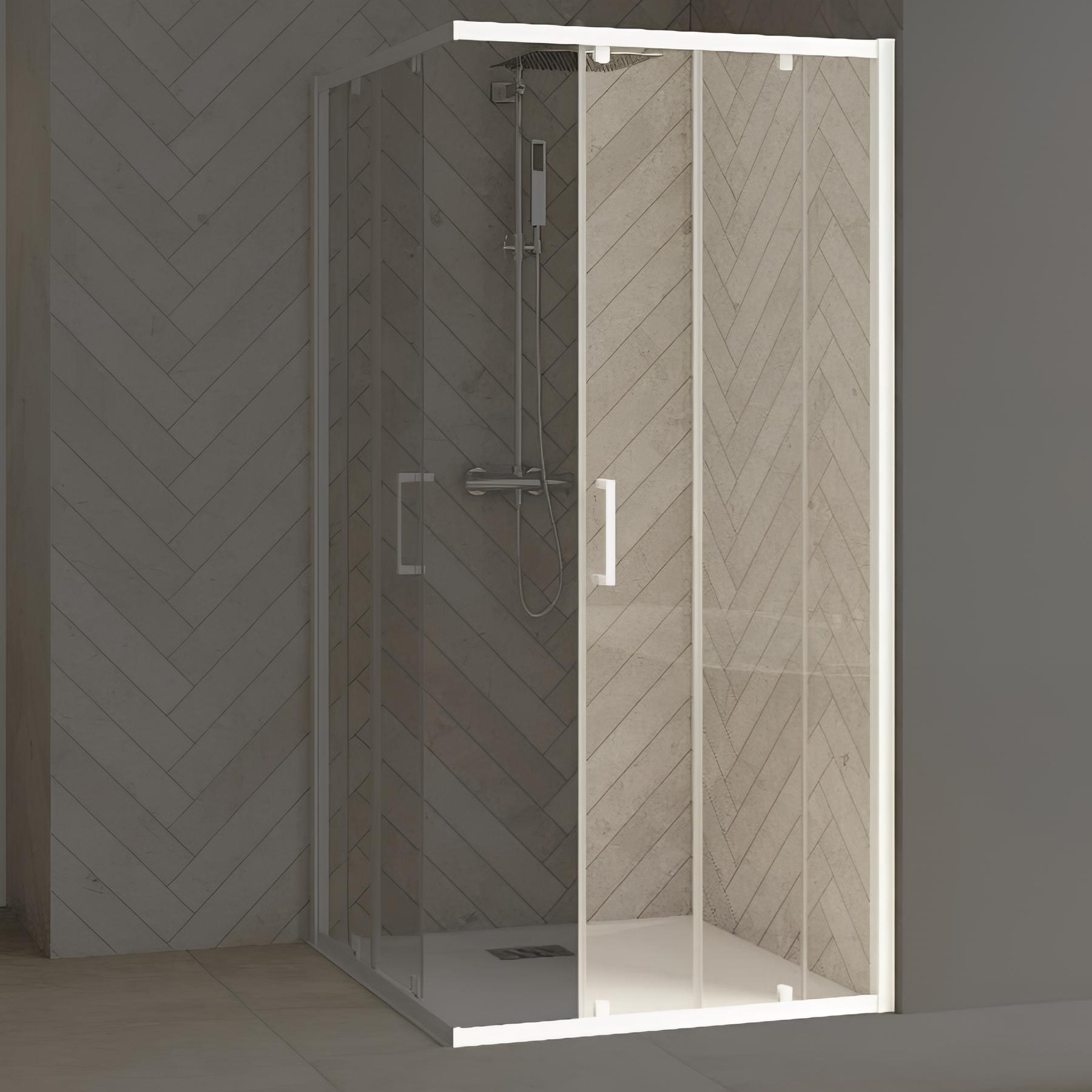 Porte de douche coulissante KINEDO Smart Design extensible de 117 à 130cm profilé blanc verre cosmos - fixe à gauche