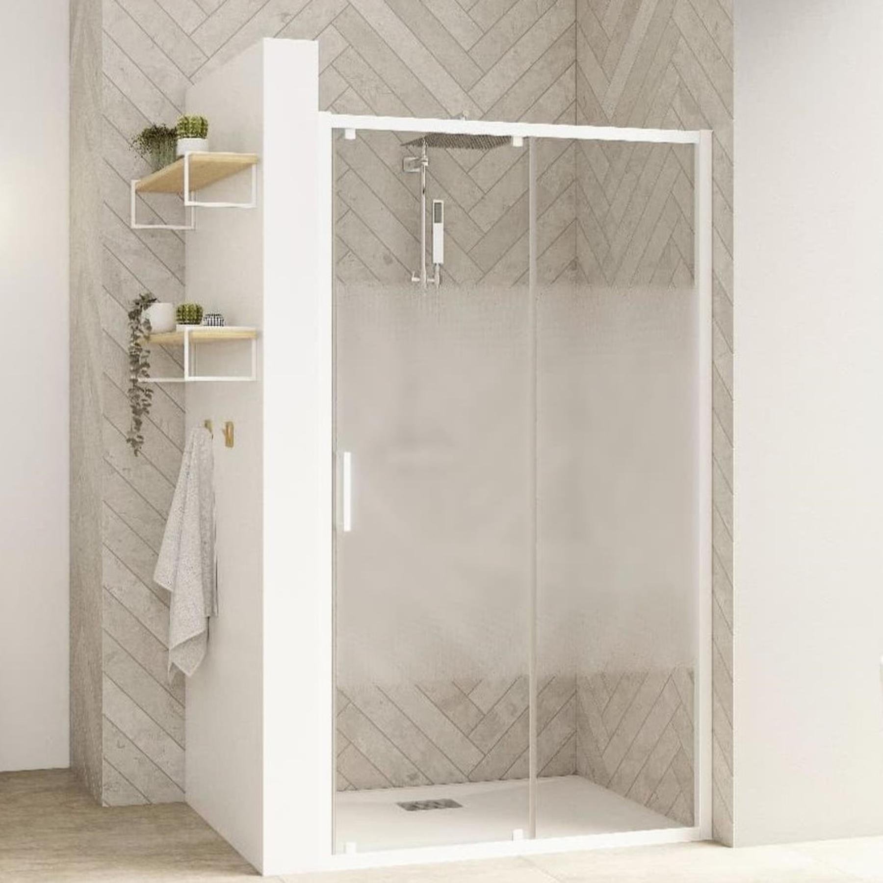 Paroi de douche Smart Design 2 portes pivotantes (intérieur/extérieur) avec seuiL 1,10 m blanc verre sérigraphié cosmos