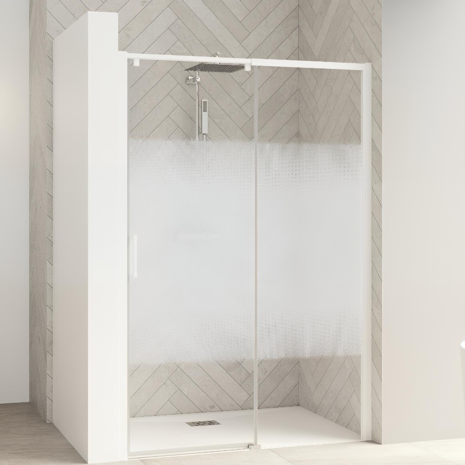 Paroi de douche kinedo Smart Design Accès d'angle coulissant avec seuiL 1,10 m blanc verre sérigraphié cosmos - fixe à droite