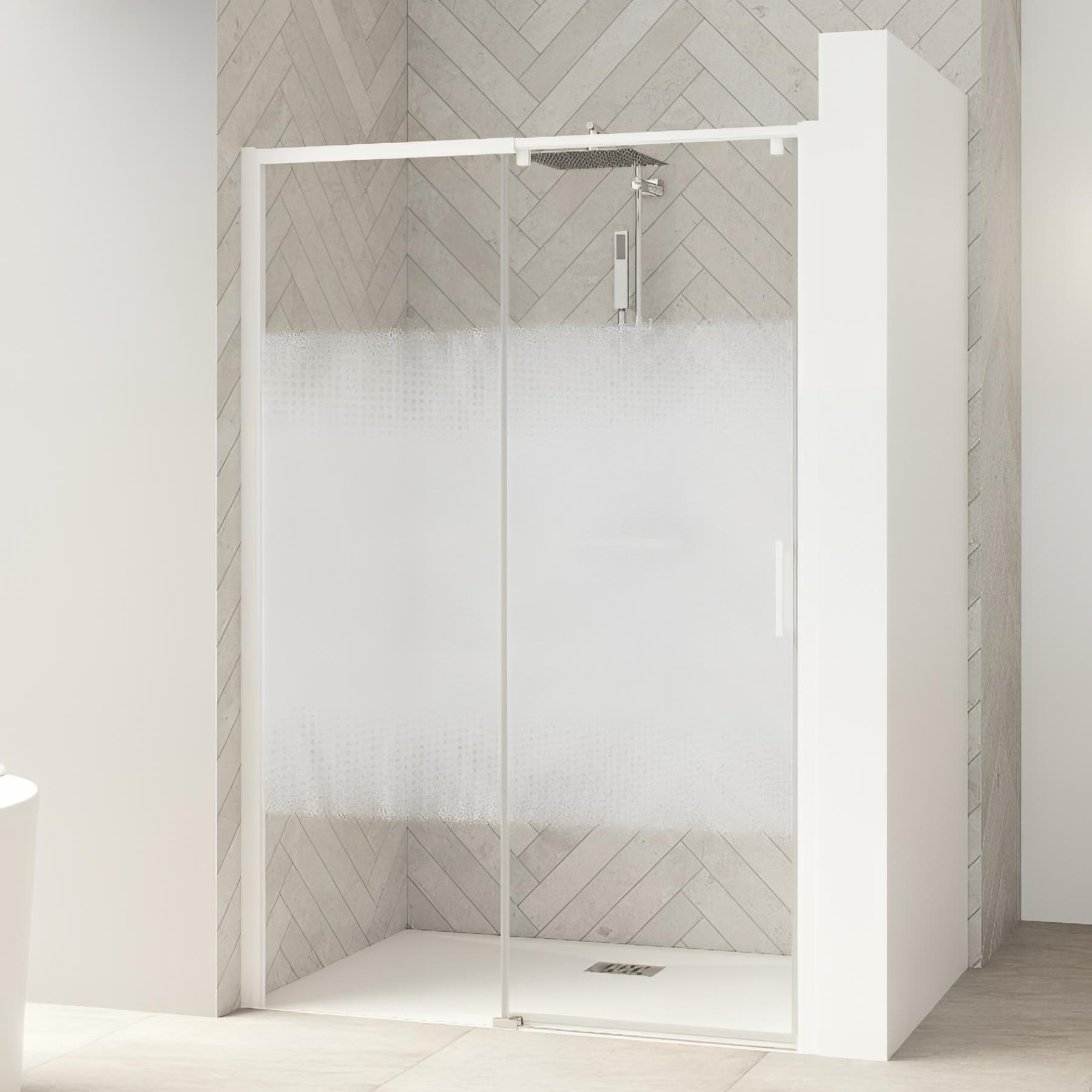 Paroi de douche kinedo Smart Design Accès d'angle coulissant avec seuiL 1,10 m blanc verre sérigraphié cosmos - fixe à gauche