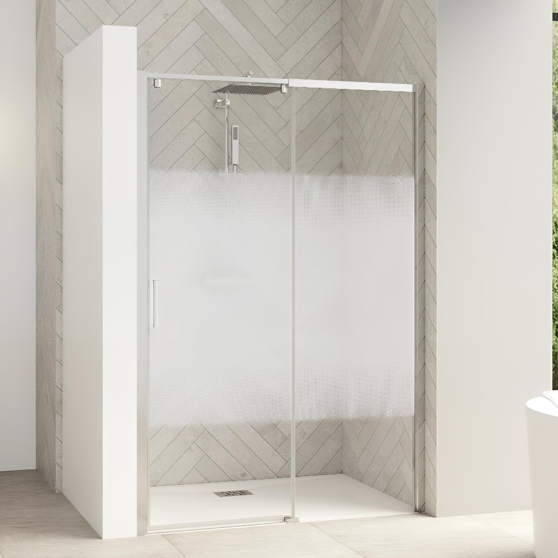Porte de douche coulissante d'angle KINEDO Smart Design sans seuil côté droit (nécessite le côté gauche) L.1,10m H.1,90m profilé blanc verre cosmos