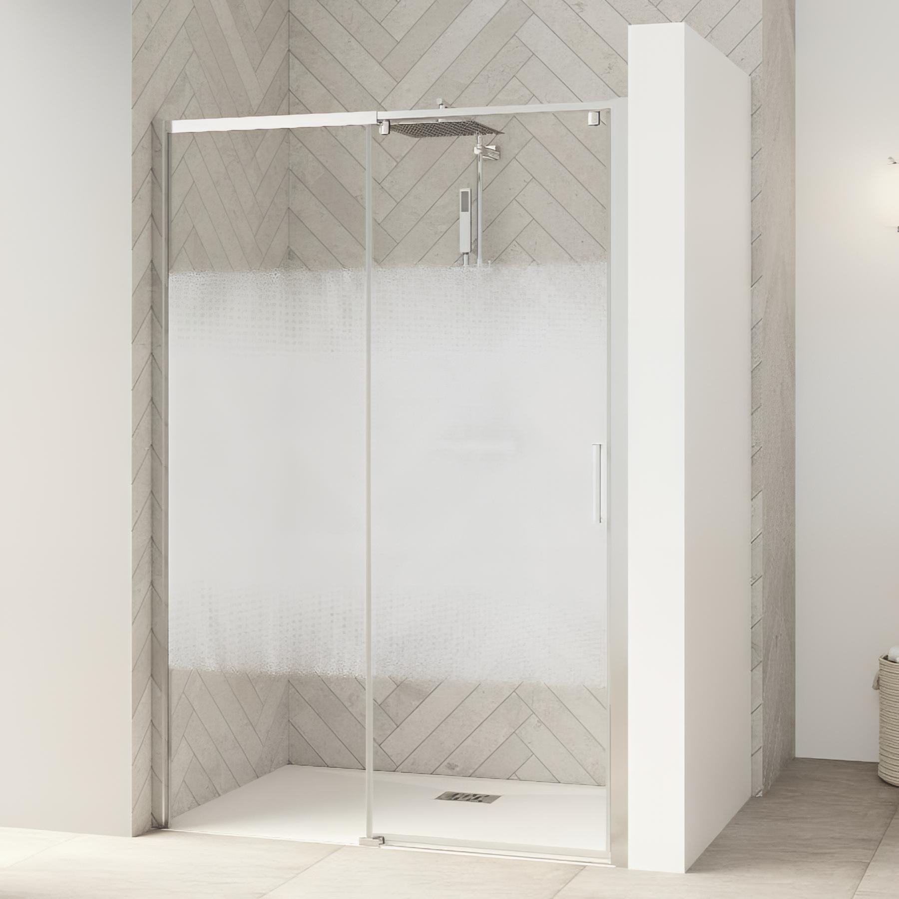 Porte de douche coulissante d'angle KINEDO Smart Design sans seuil côté gauche (nécessite le côté droit) L.1,10m H.1,90m profilé blanc verre cosmos