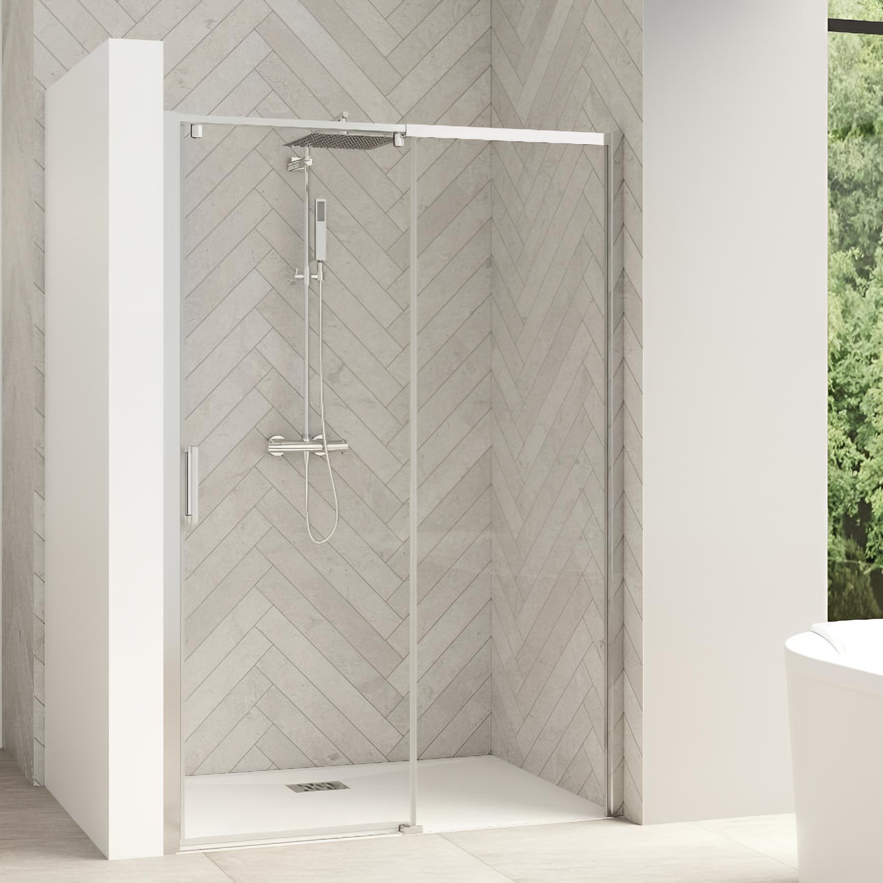 Paroi de douche kinedo Smart Design Accès d'angle coulissant sans seuiL 1,10 m chromé verre sérigraphié cosmos - fixe à droite