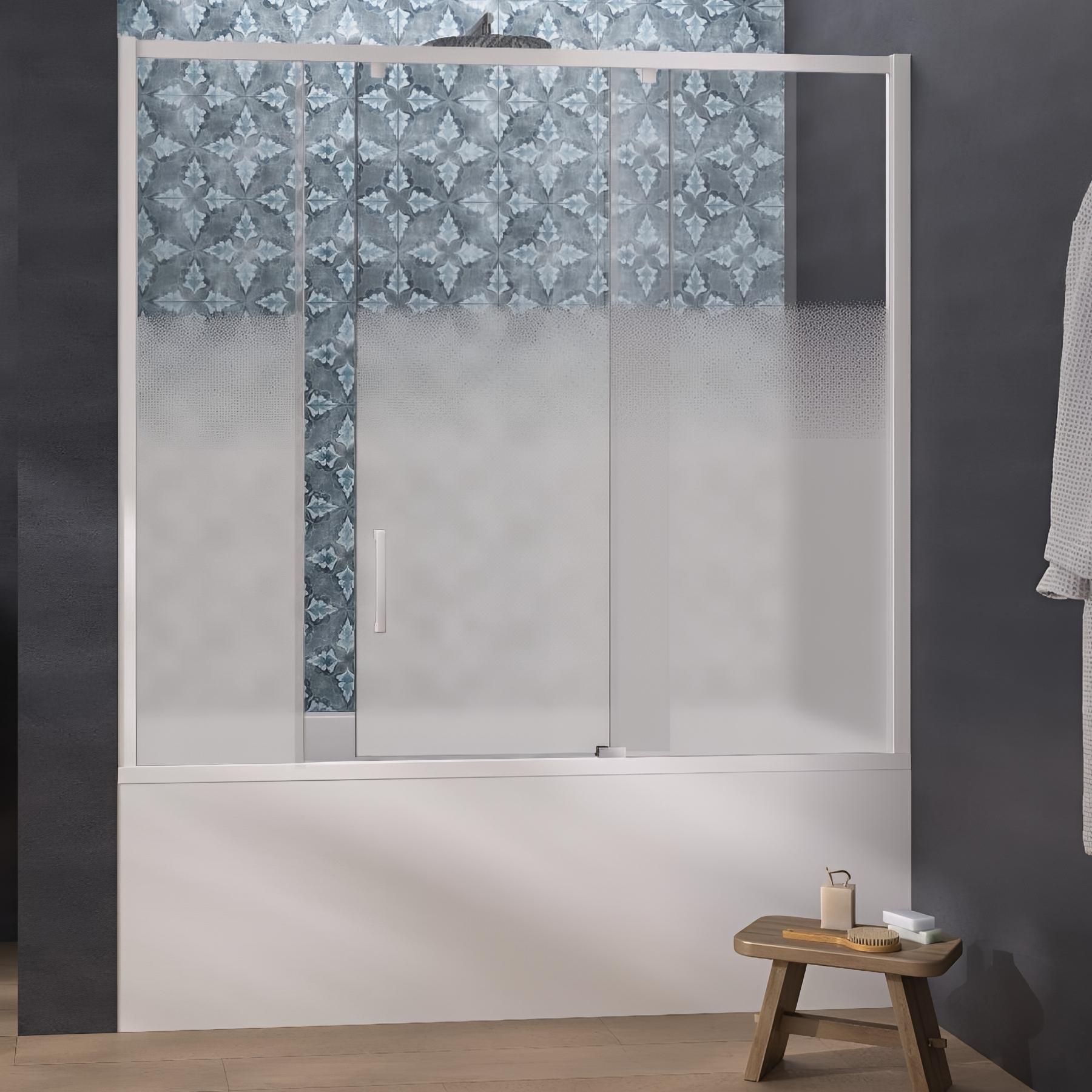 Pare-bain KINEDO Smart Design Pegasus coulissant pose entre 2 murs 160x148 blanc verre sérigraphié cosmos grande partie fixe à droite