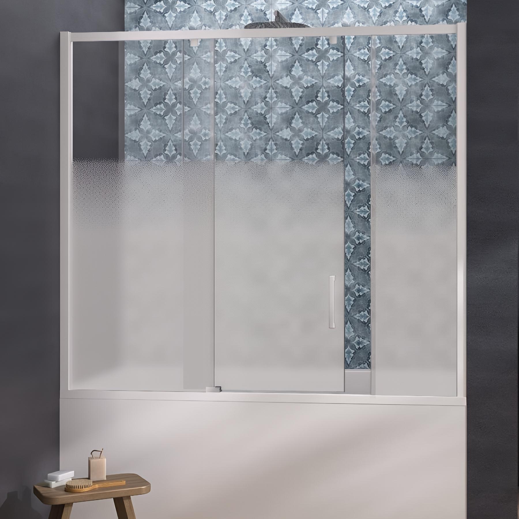 Pare-bain Kinedo Smart Design Pegasus coulissant pose entre 2 murs 180x148 blanc verre sérigraphié cosmos grande partie fixe à gauche