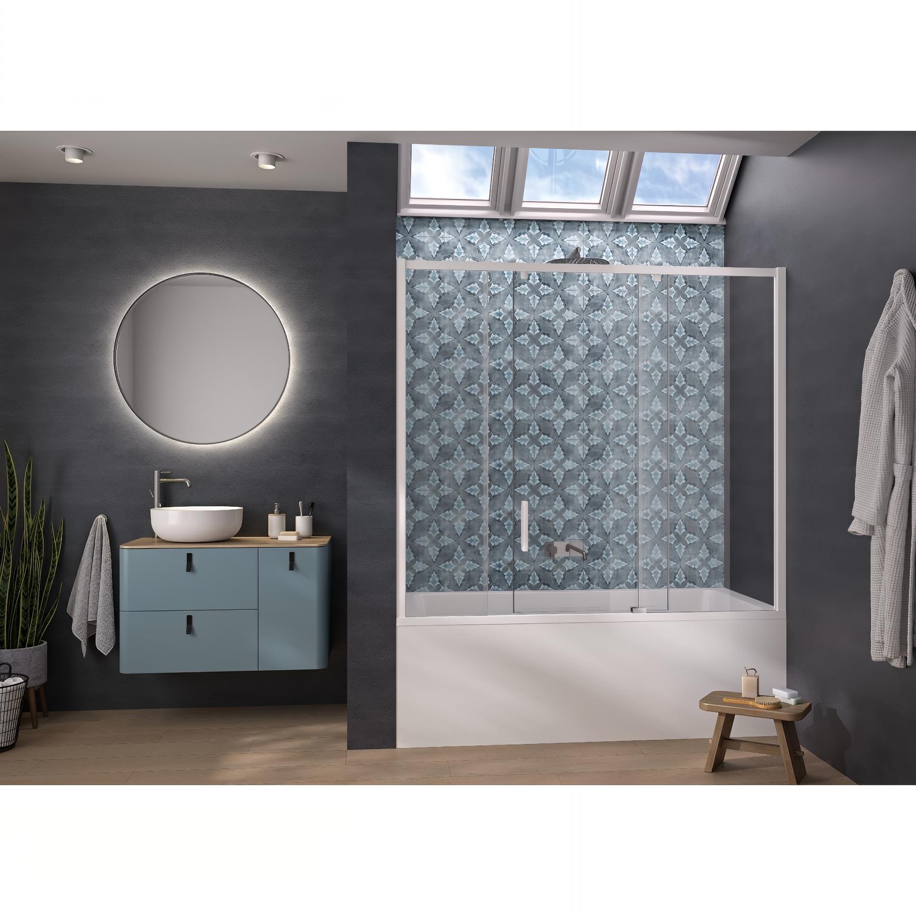 Pare-bain KINEDO Smart Design Pegasus coulissant pose entre 2 murs 170x148 blanc grande partie fixe à droite