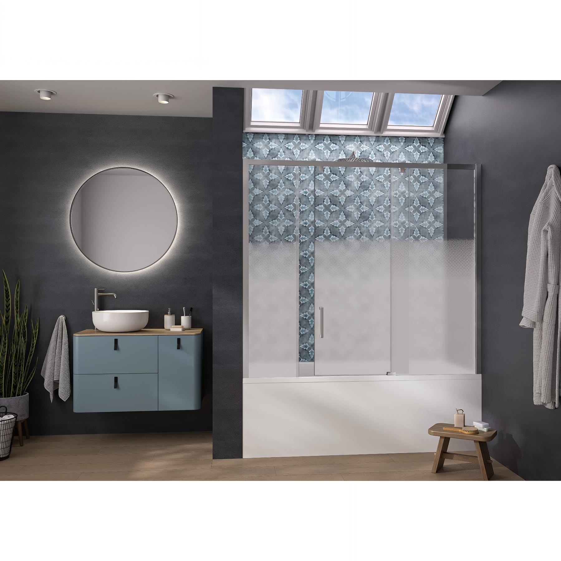 Pare-bain Kinedo Smart Design Pegasus coulissant pose entre 2 murs 180x148 chromé verre sérigraphié cosmos grande partie fixe à droite