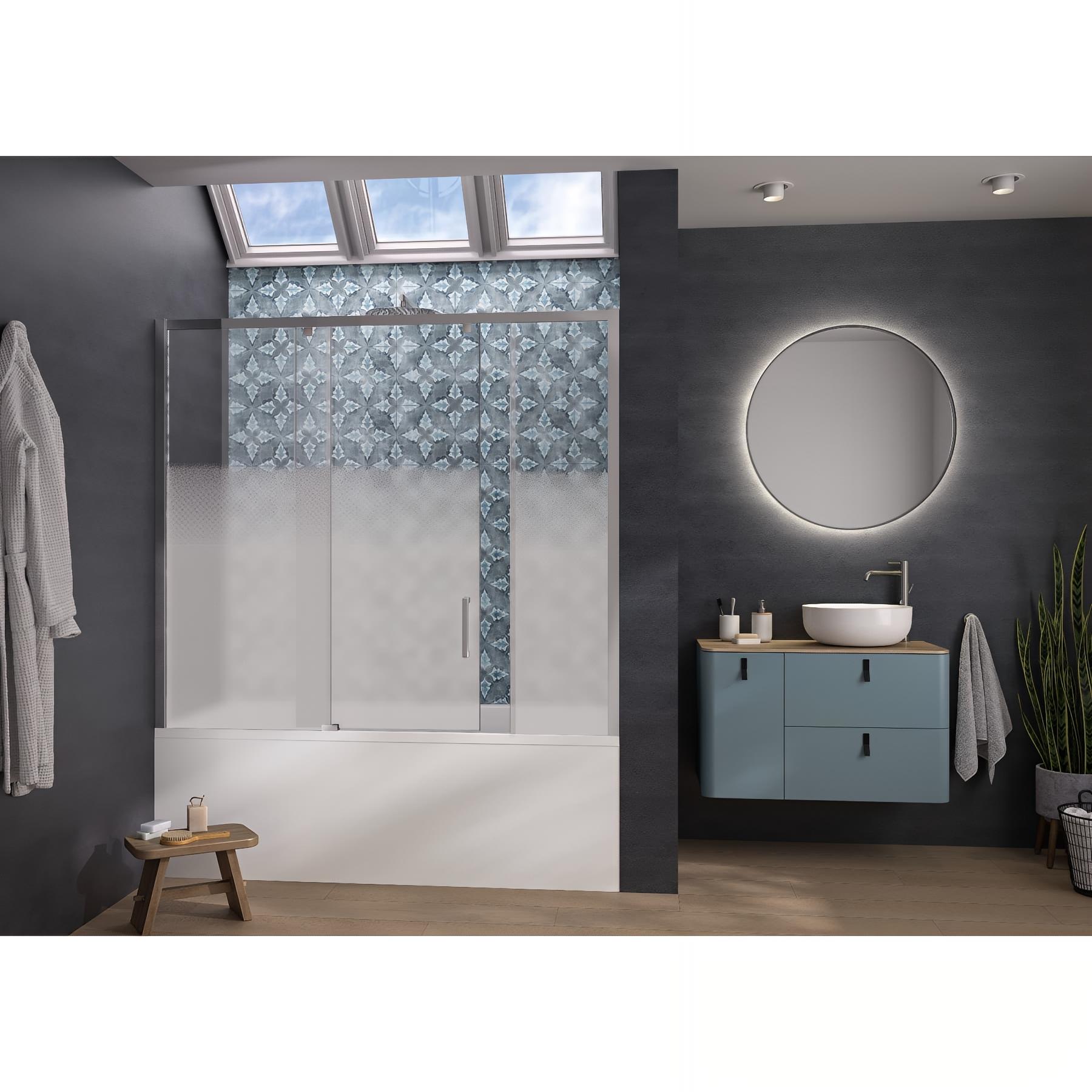 Pare-bain Kinedo Smart Design Pegasus coulissant pose entre 2 murs 180x148 chromé verre sérigraphié cosmos grande partie fixe à gauche