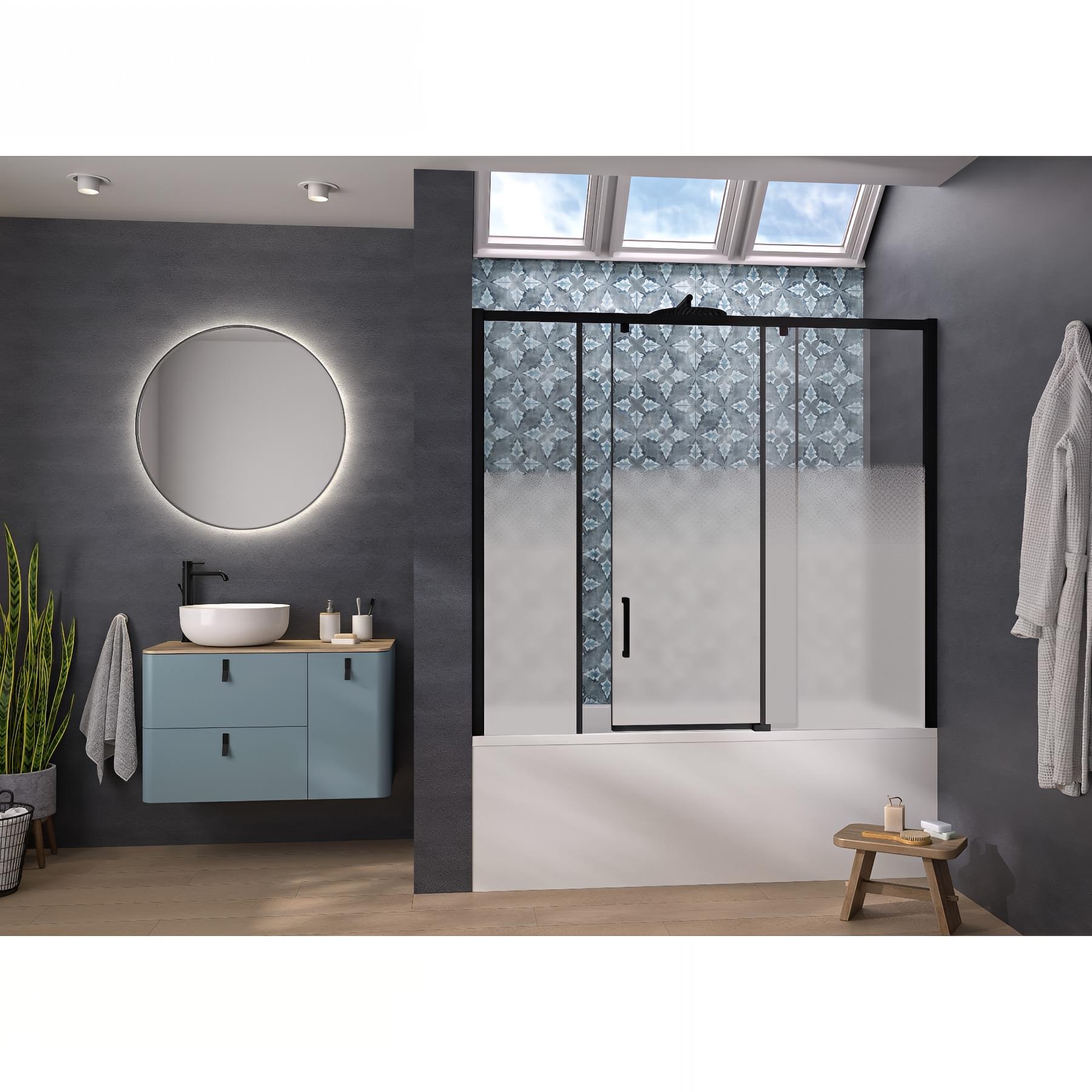 Pare-bain Kinedo Smart Design Pegasus coulissant pose entre 2 murs 180x148 gris noir grainé verre sérigraphié cosmos grande partie fixe à droite