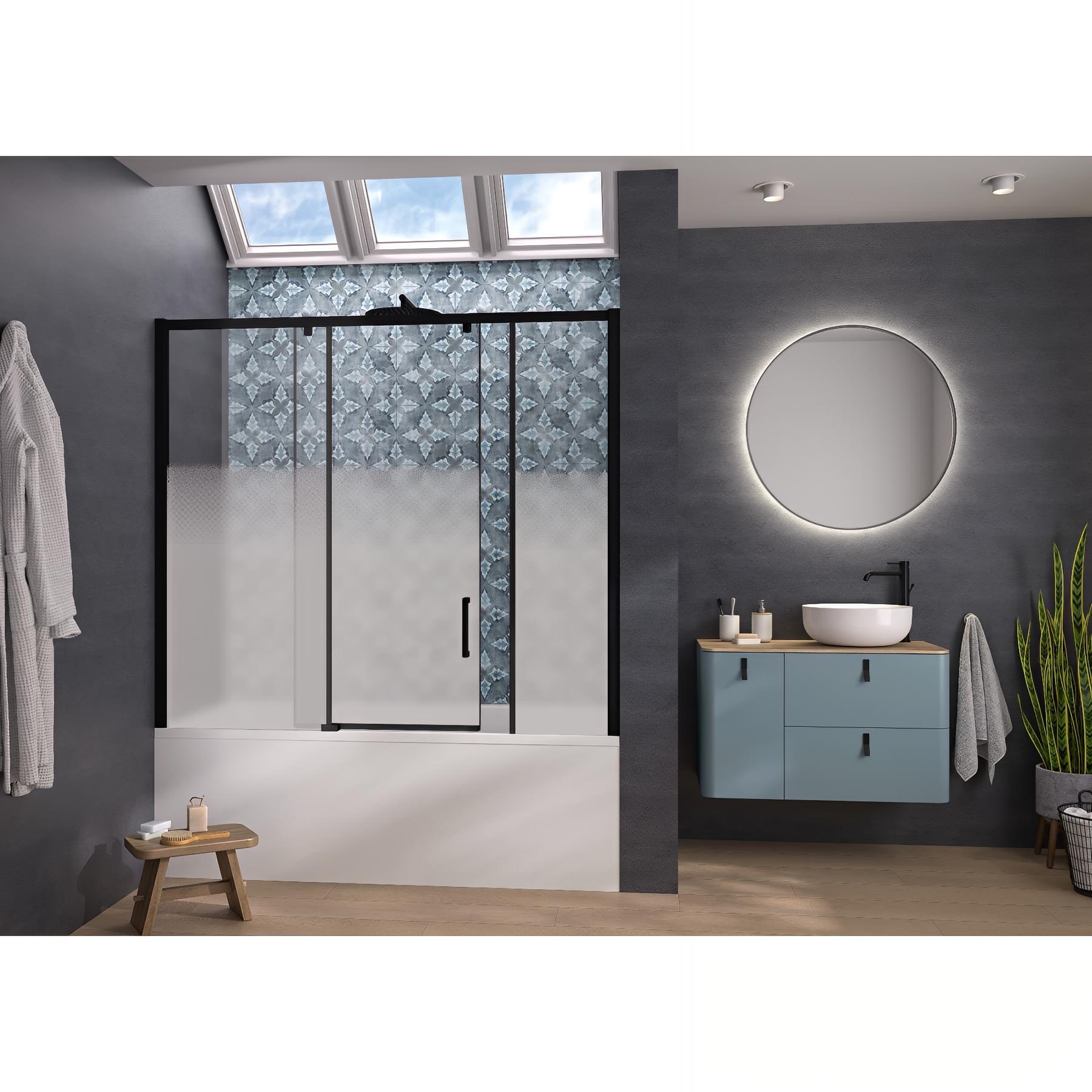 Pare-bain KINEDO Smart Design Pegasus coulissant pose entre 2 murs 160x148 gris noir grainé verre sérigraphié cosmos grande partie fixe à gauche