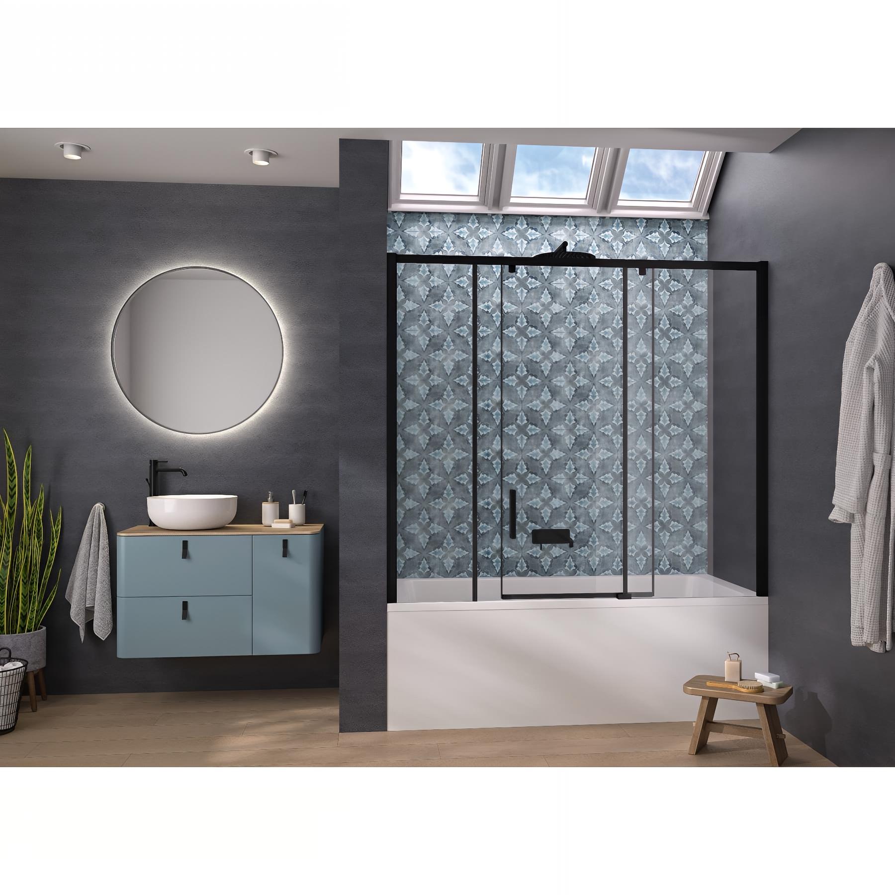 Pare-bain Kinedo Smart Design Pegasus coulissant pose entre 2 murs 180x148 gris noir grainé verre transparent grande partie fixe à droite
