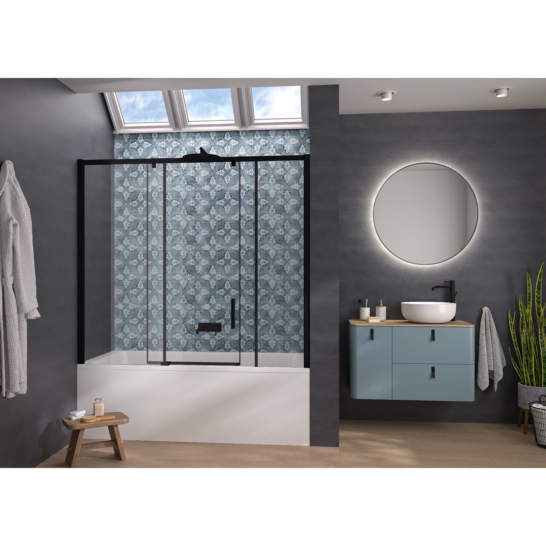Pare-bain Kinedo Smart Design Pegasus coulissant pose entre 2 murs 180x148 gris noir grainé verre transparent grande partie fixe à gauche