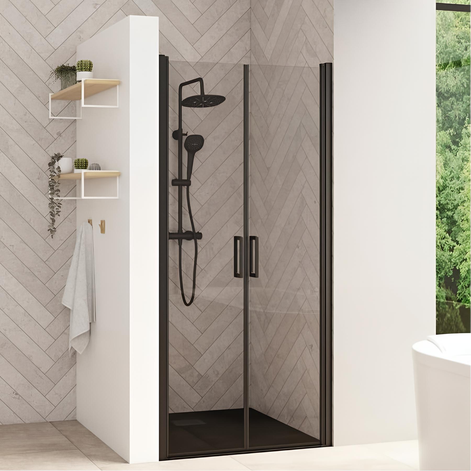 Porte de douche 2 battants SMART Design sans seuil (conforme PMR) L 70cm H 2,05 m noir verre transparent