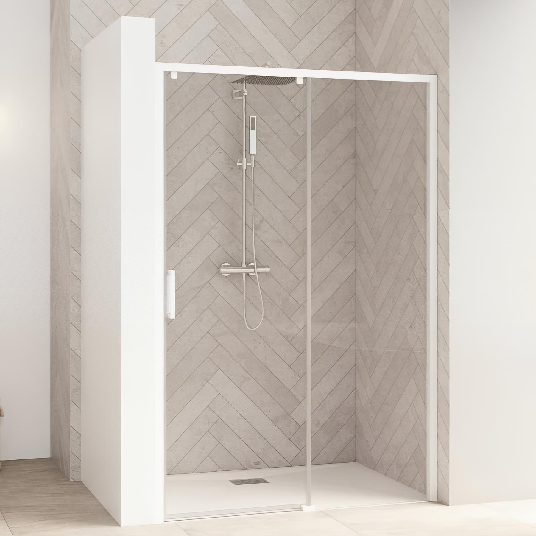 Porte de douche coulissante KINEDO Smart Design sans seuil PMR L1,70 m H2,05m profilé blanc paroi fixe à droite ouvrant à gauche