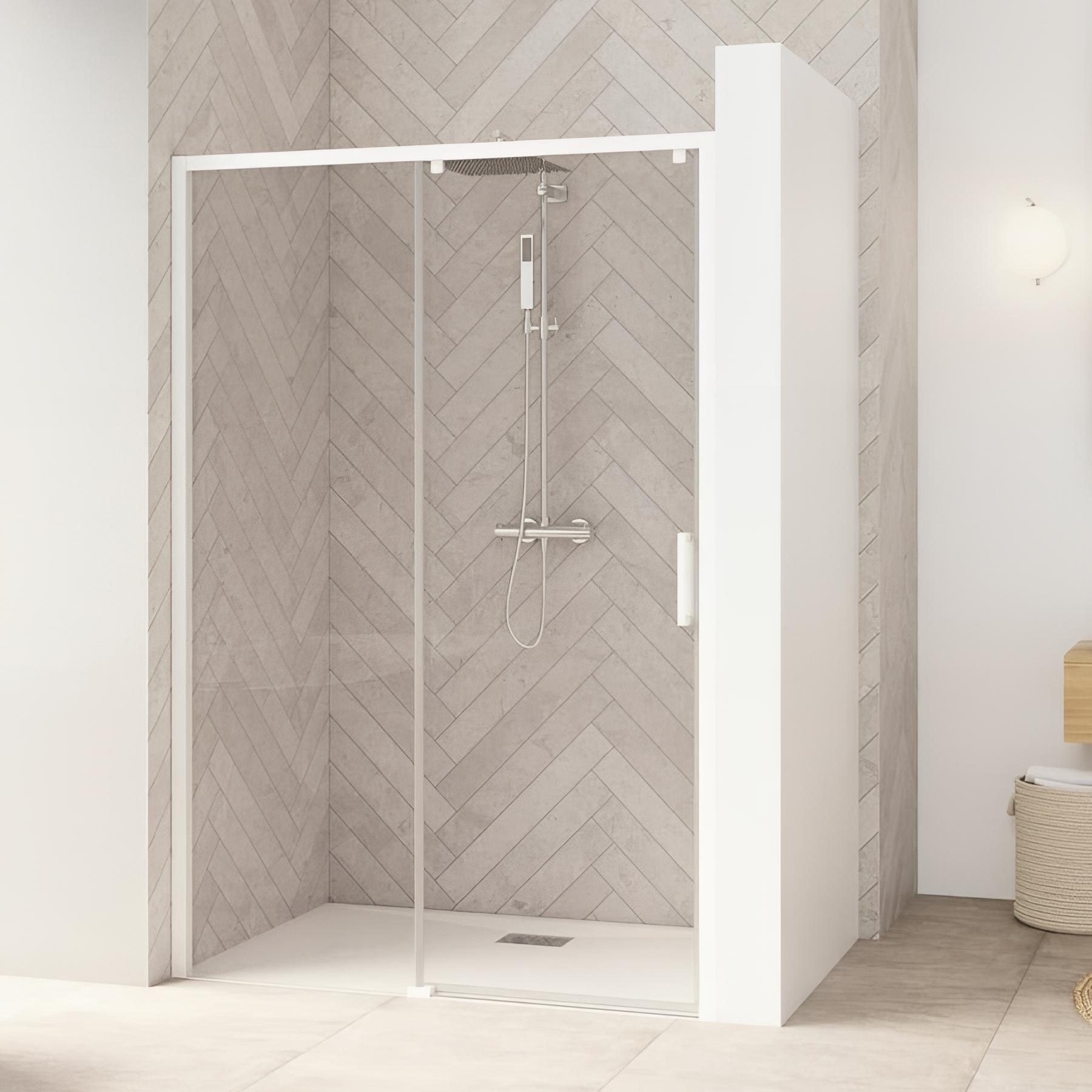 Porte de douche coulissante KINEDO Smart Design sans seuil PMR L1,70 m H2,05m profilé blanc paroi fixe à gauche ouvrant à droite