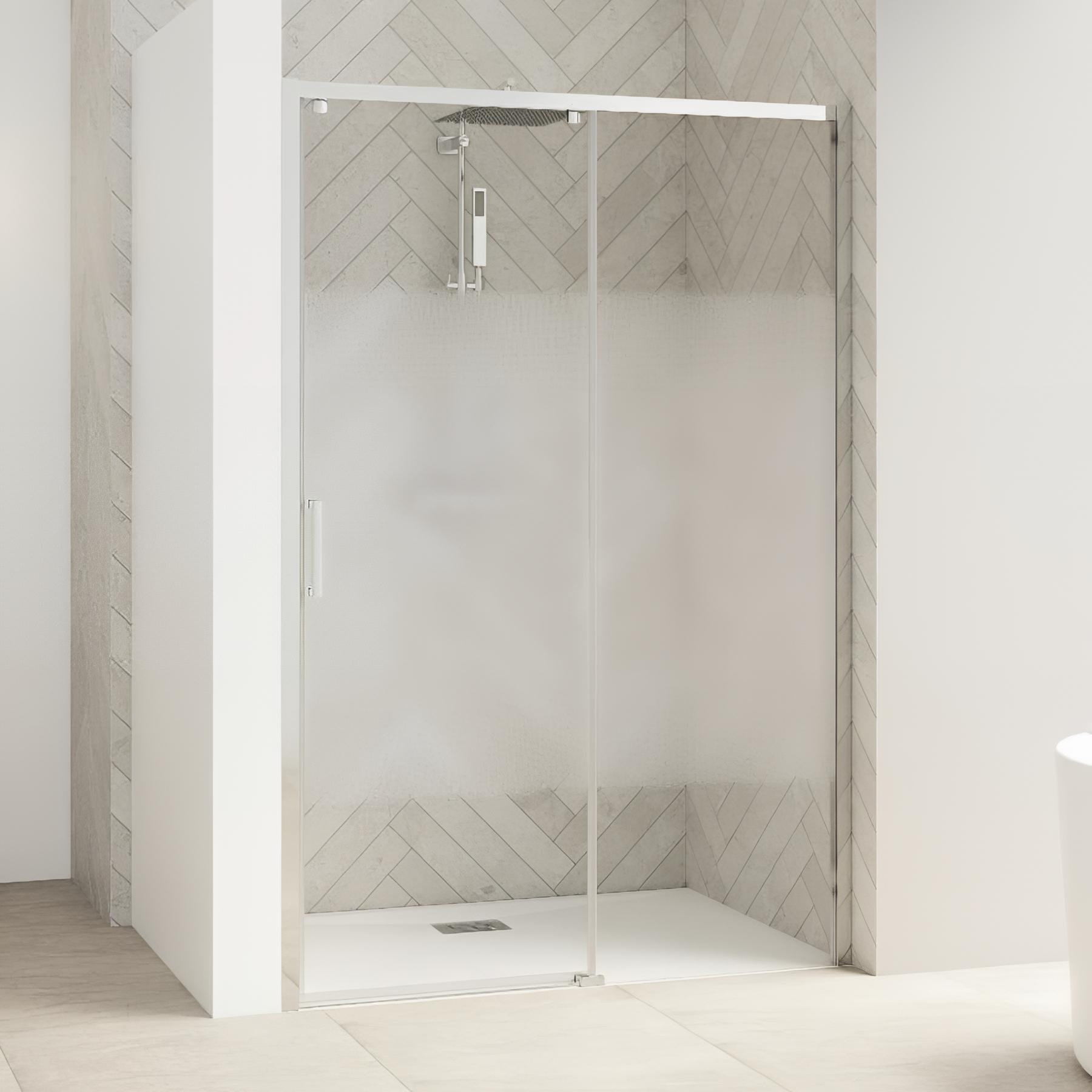 Porte de douche KINEDO Smart Design C volet coulissant sans seuil+paroi fixe d'angle 100 profilé blanc verre cosmos paroi fixe à droite