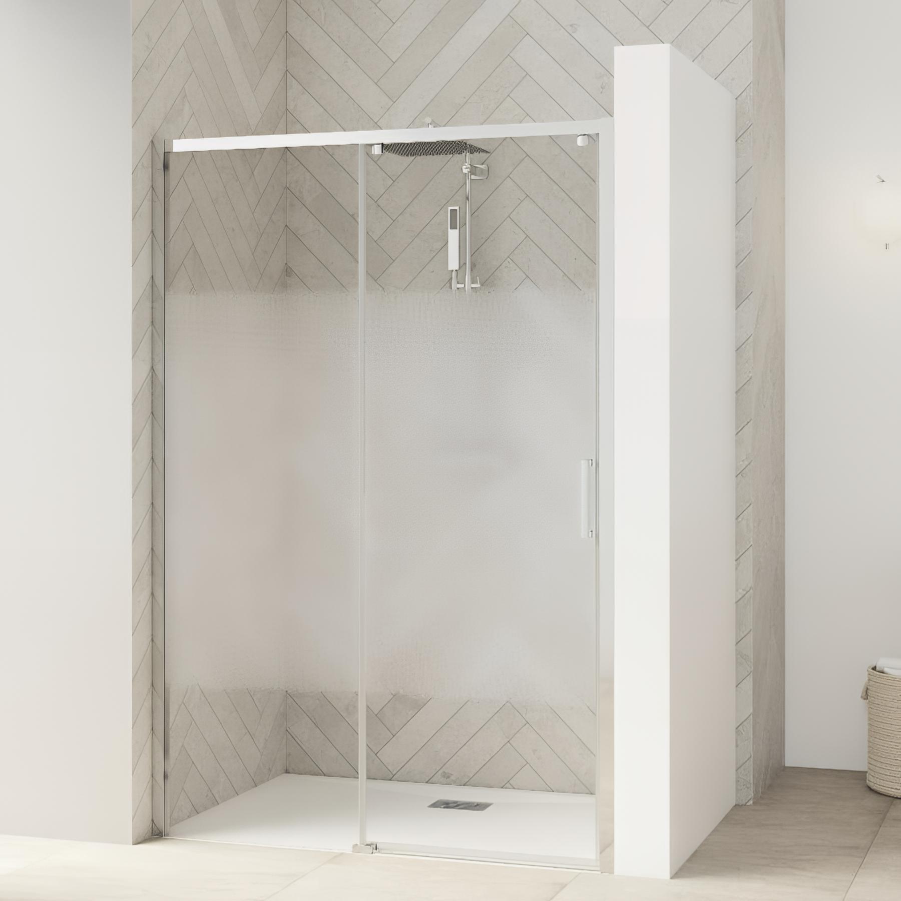 Paroi de douche kinedo Smart Design C 1 volet coulissant sans seuil + paroi fixe d'angle 100 blanc verre sérigraphié cosmos - fixe à gauche