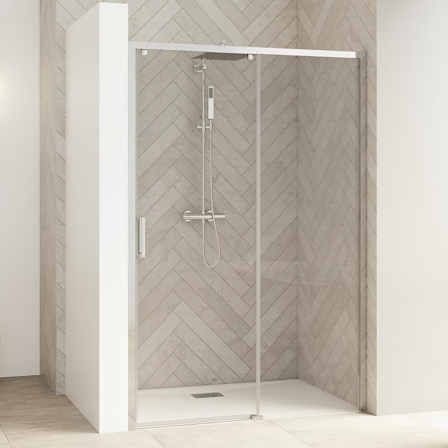 Porte de douche coulissante KINEDO Smart Design sans seuil PMR L1,70 m H2,05m profilé chromé paroi fixe à droite ouvrant à gauche