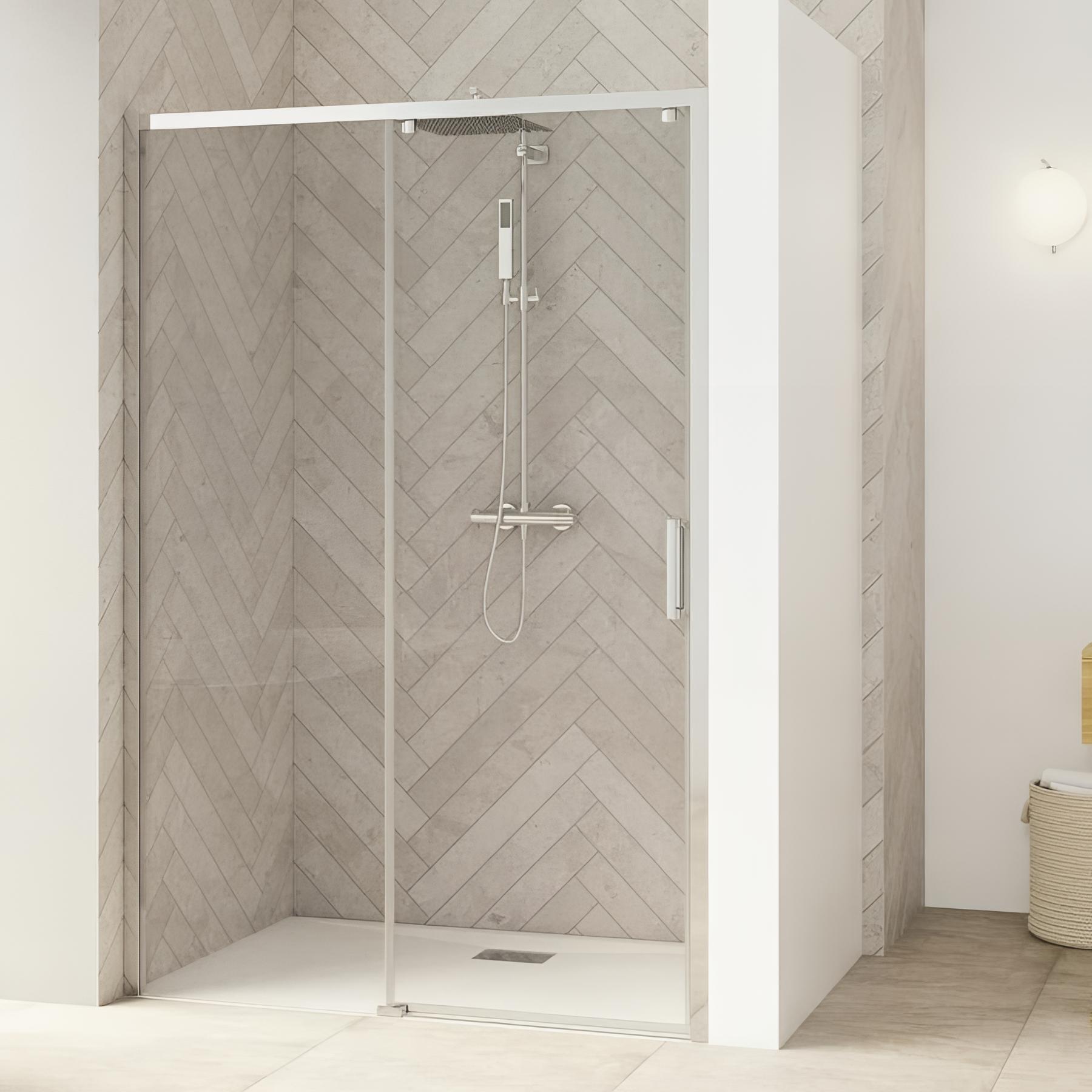 Porte de douche coulissante KINEDO Smart Design sans seuil PMR L1,70 m H2,05m profilé chromé paroi fixe à gauche ouvrant à droite