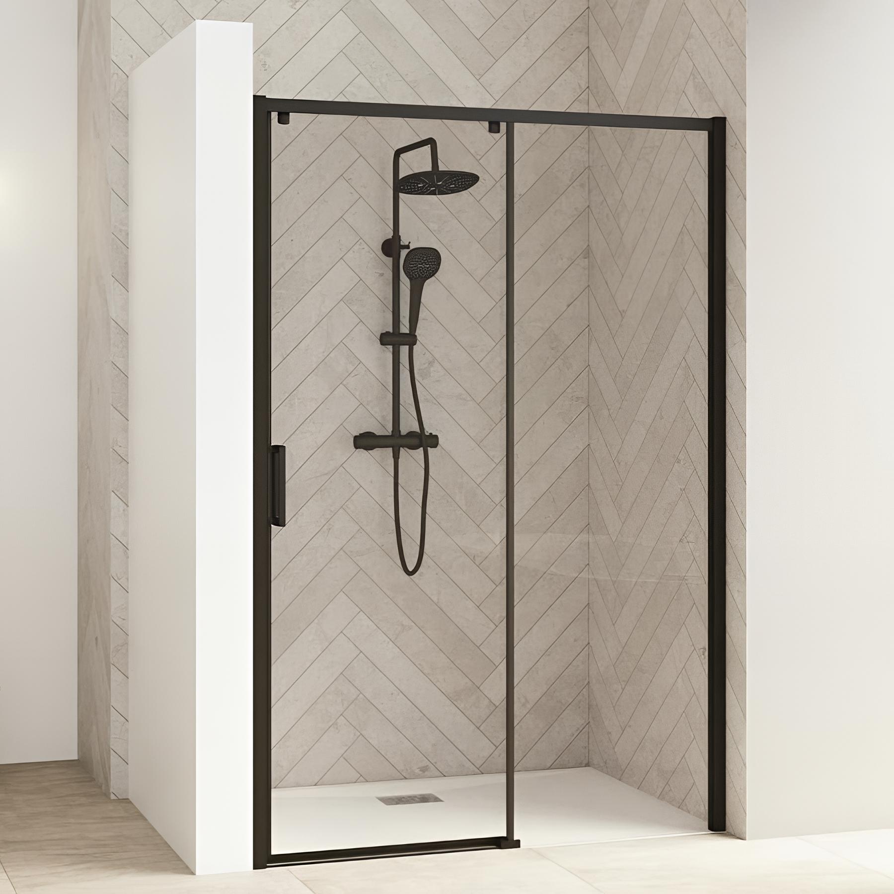 Porte de douche coulissante KINEDO Smart Design sans seuil PMR L1,60 m H2,05m profilé noir paroi fixe à droite ouvrant à gauche