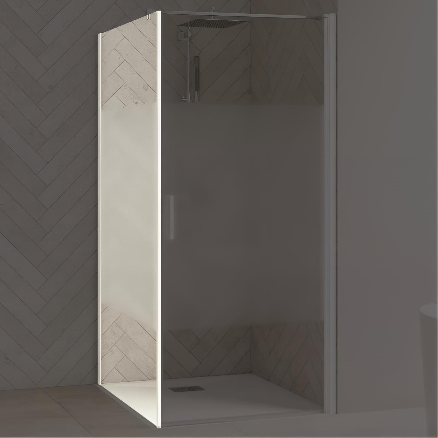 Porte de douche KINEDO Smart Design C volet coulissant sans seuil+paroi fixe d'angle 90 profilé blanc verre cosmos paroi fixe à droite