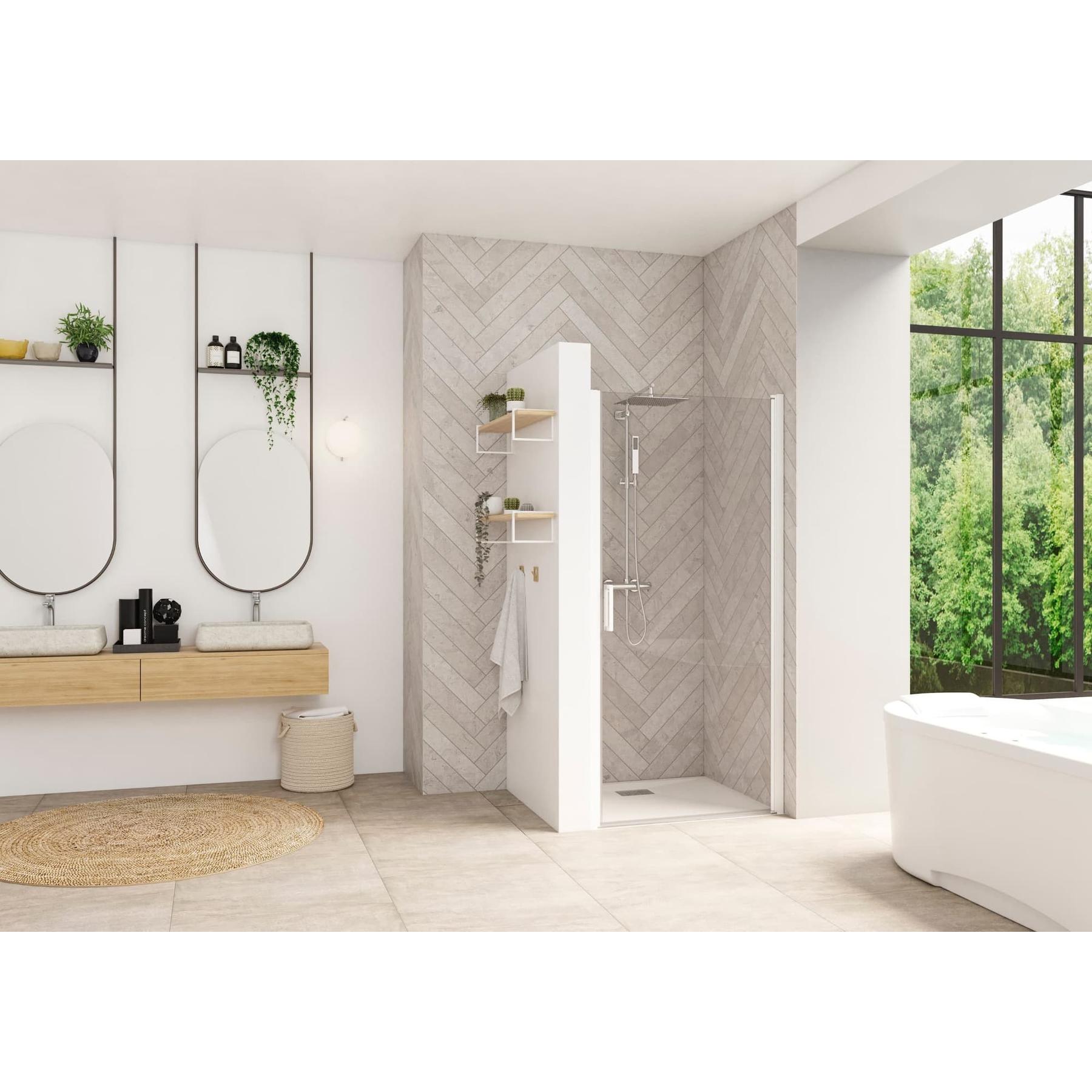 Porte de douche d'angle porte pivotante (à coupler avec paroi fixe) SMART Design largeur 70 cm hauteur 2.05m profilé blanc verre transparent