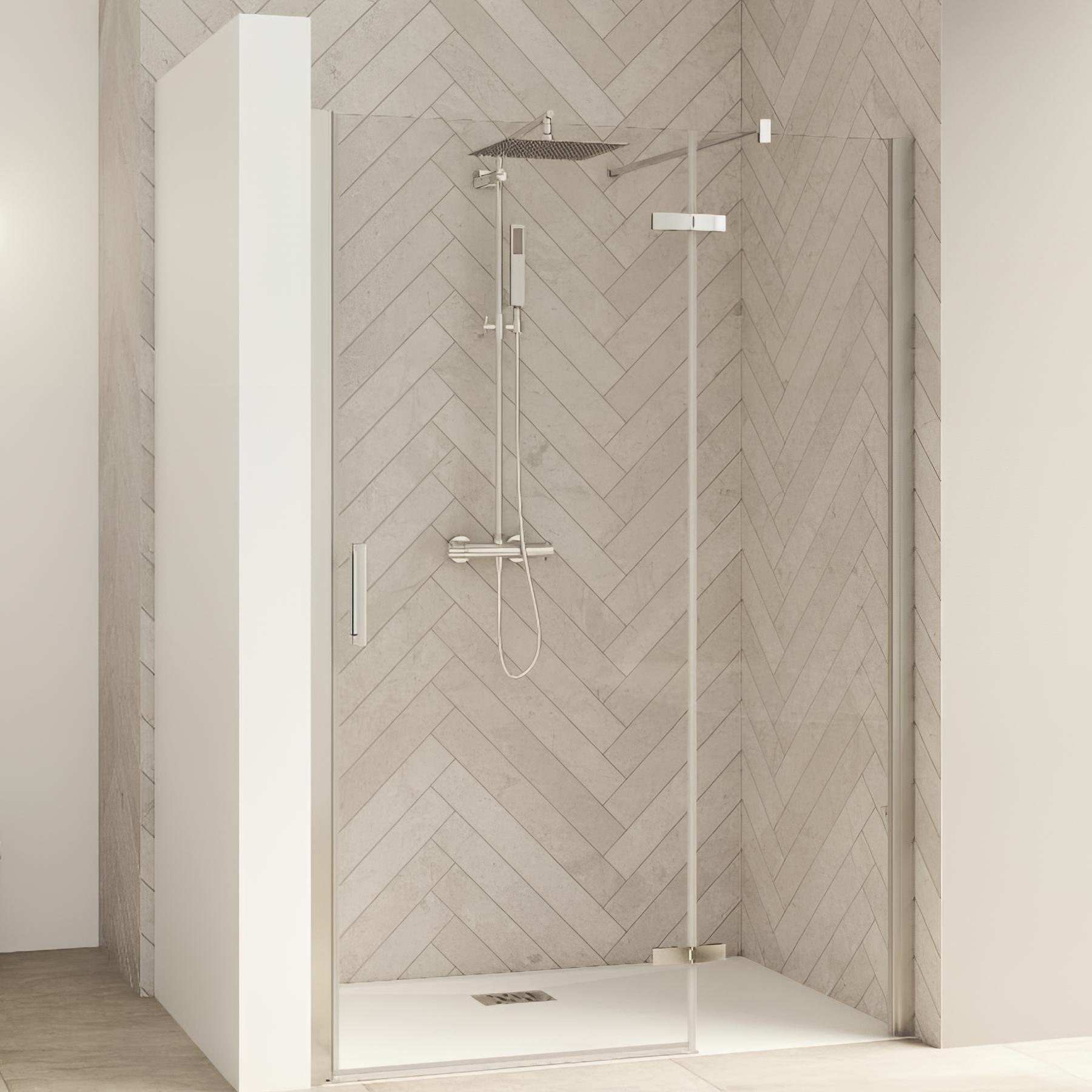 Paroi de douche kinedo Smart Design pivotante (extérieur) sans seuil + paroi fixe d'angle 100 blanc verre cosmos - charnières à droite