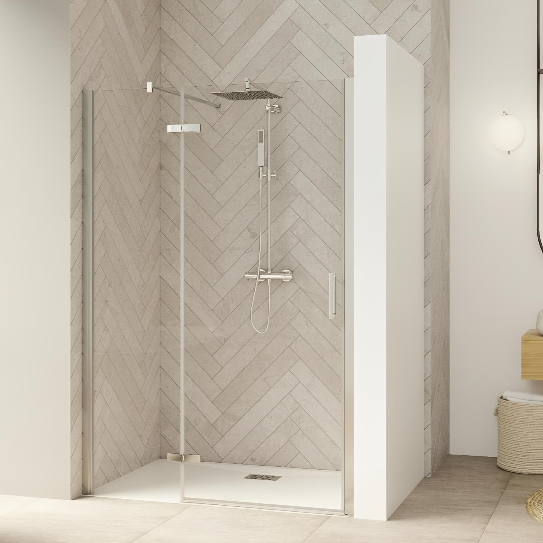 Paroi de douche kinedo Smart Design pivotante (extérieur) sans seuil + paroi fixe d'angle 100 blanc verre cosmos - charnières à gauche