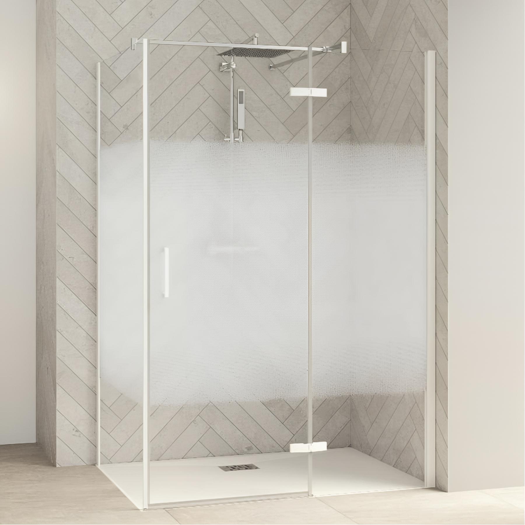 Porte de douche pivotante KINEDO Smart Design sans seuil L. 150 profilé chromé verre cosmos charnières et paroi fixe à droite